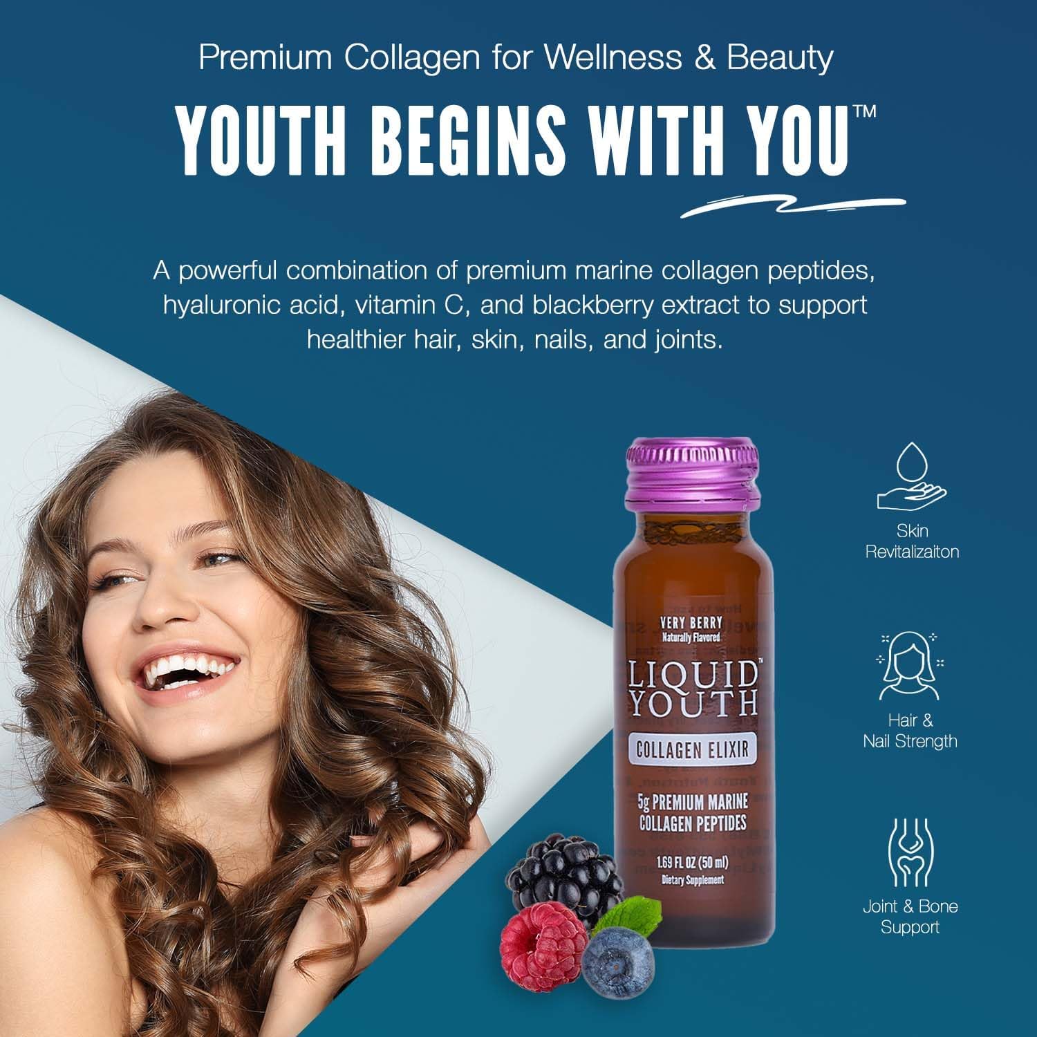 Premium Grass-Fed Collagen Peptides Powder & Berry Liquid Shots for Hair, Skin, Nails, Bone & Joint Health - Type I & III - 40 Servings for Men & Women