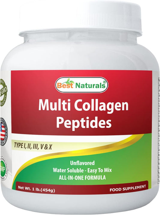 Premium Grass-Fed Unflavored Collagen Peptides Protein Powder - Type I, II, III, V & X - 1lb - Soluble & Mixable