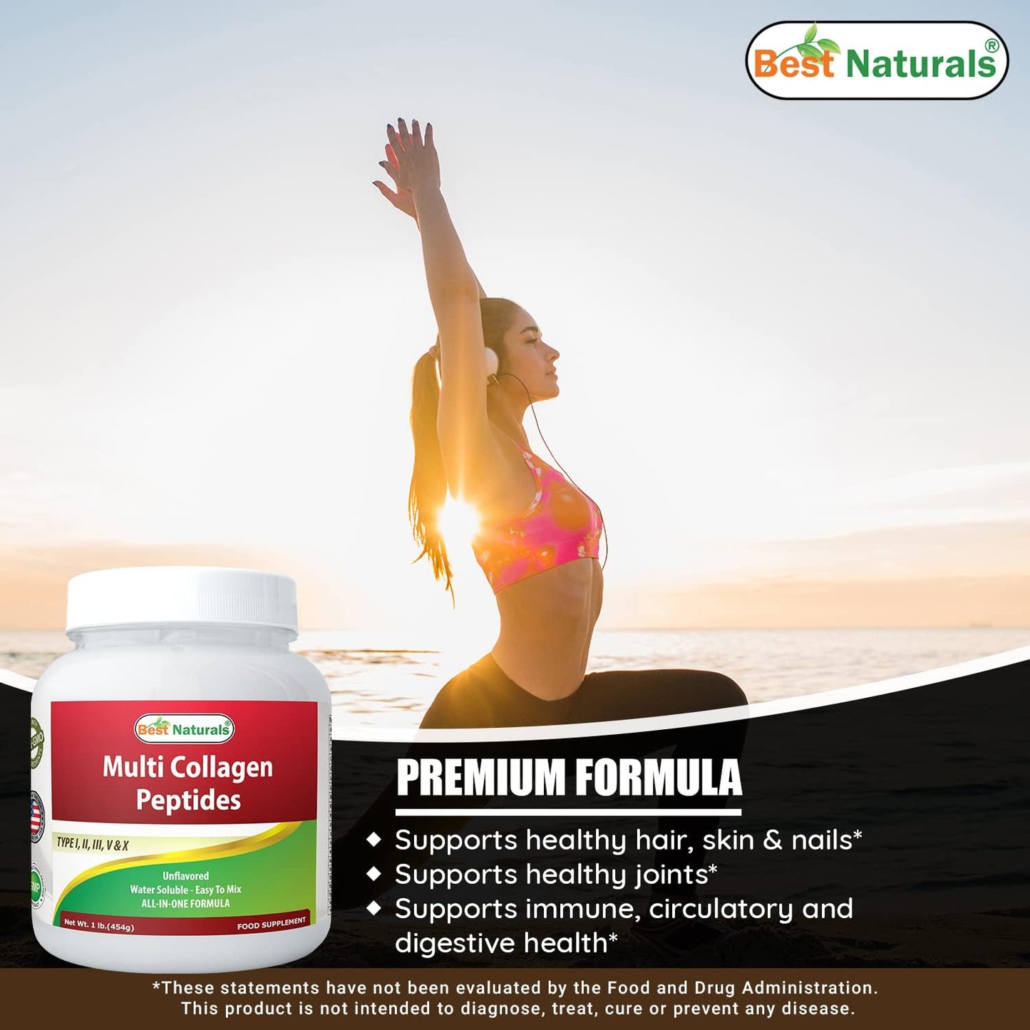 Premium Grass-Fed Unflavored Collagen Peptides Protein Powder - Type I, II, III, V & X - 1lb - Soluble & Mixable