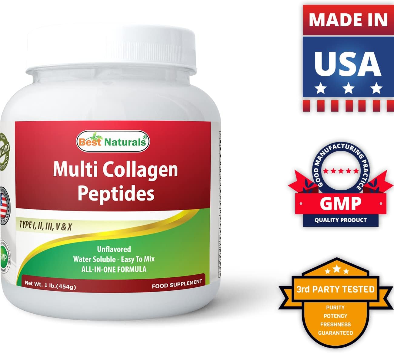 Premium Grass-Fed Unflavored Collagen Peptides Protein Powder - Type I, II, III, V & X - 1lb - Soluble & Mixable