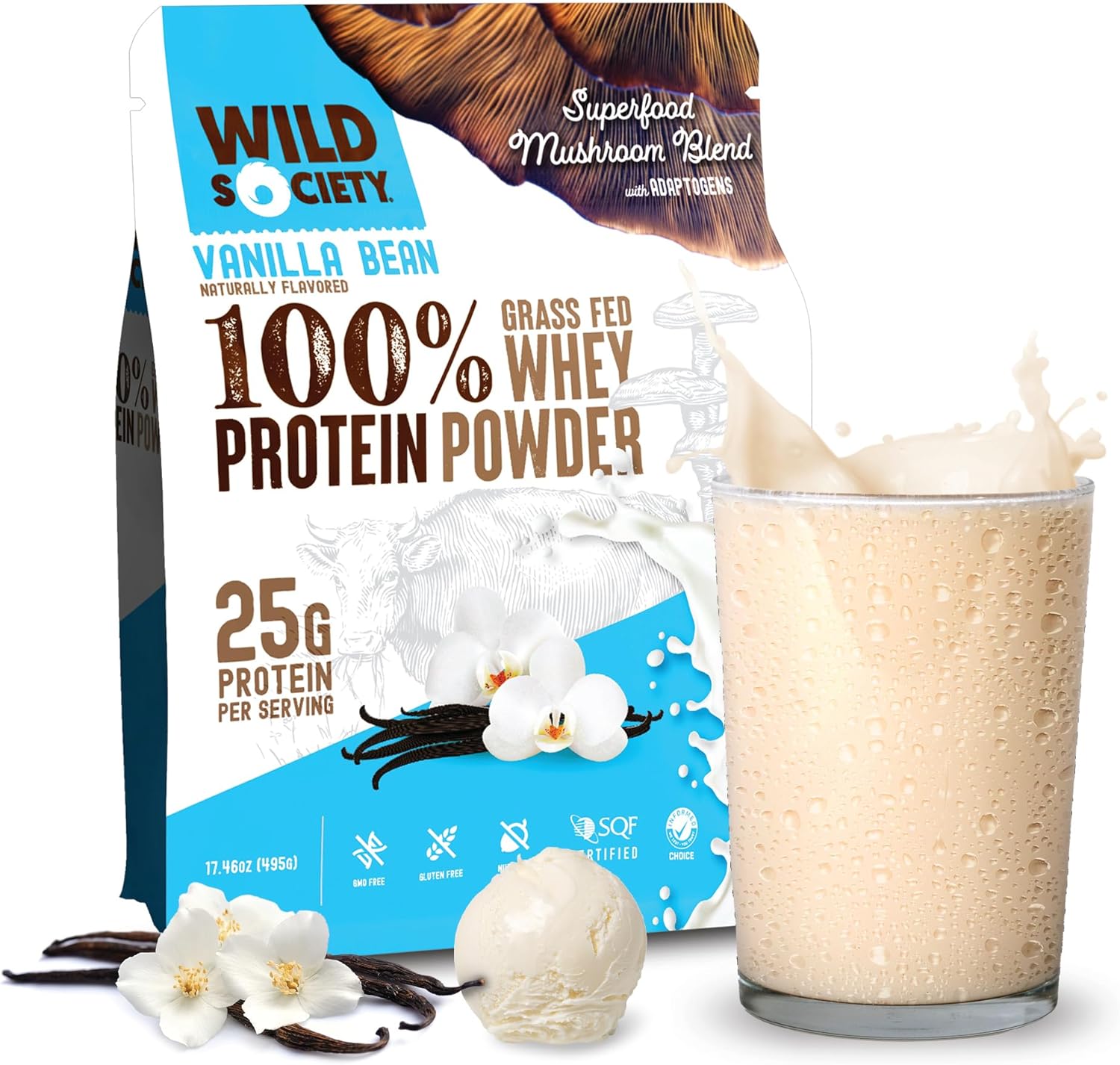 Premium Grass Fed Whey Protein Powder with Superfood Mushrooms & Adaptogens - 25g Protein, Clean & Sugar-Free - Vanilla Bean Flavor