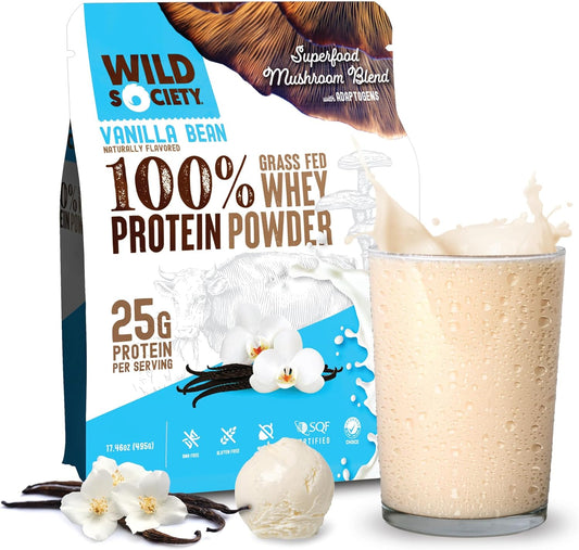 Premium Grass Fed Whey Protein Powder with Superfood Mushrooms & Adaptogens - 25g Protein, Clean & Sugar-Free - Vanilla Bean Flavor