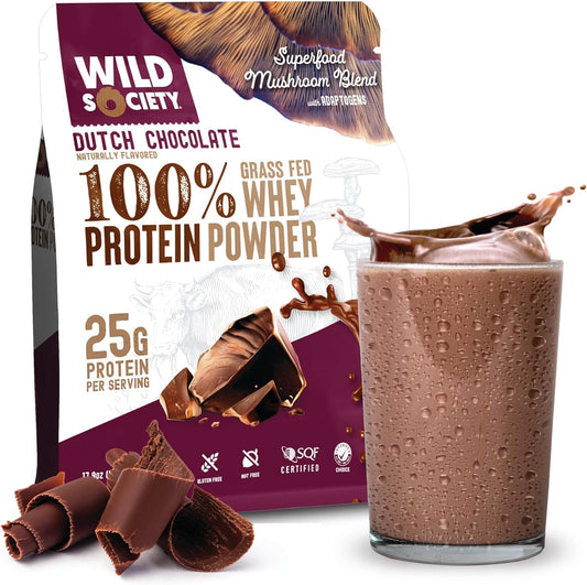 Premium Grass Fed Whey Protein Powder with Superfood Mushrooms & Adaptogens - 25g Protein, Clean & Sugar-Free - Dutch Chocolate - 17.9 oz