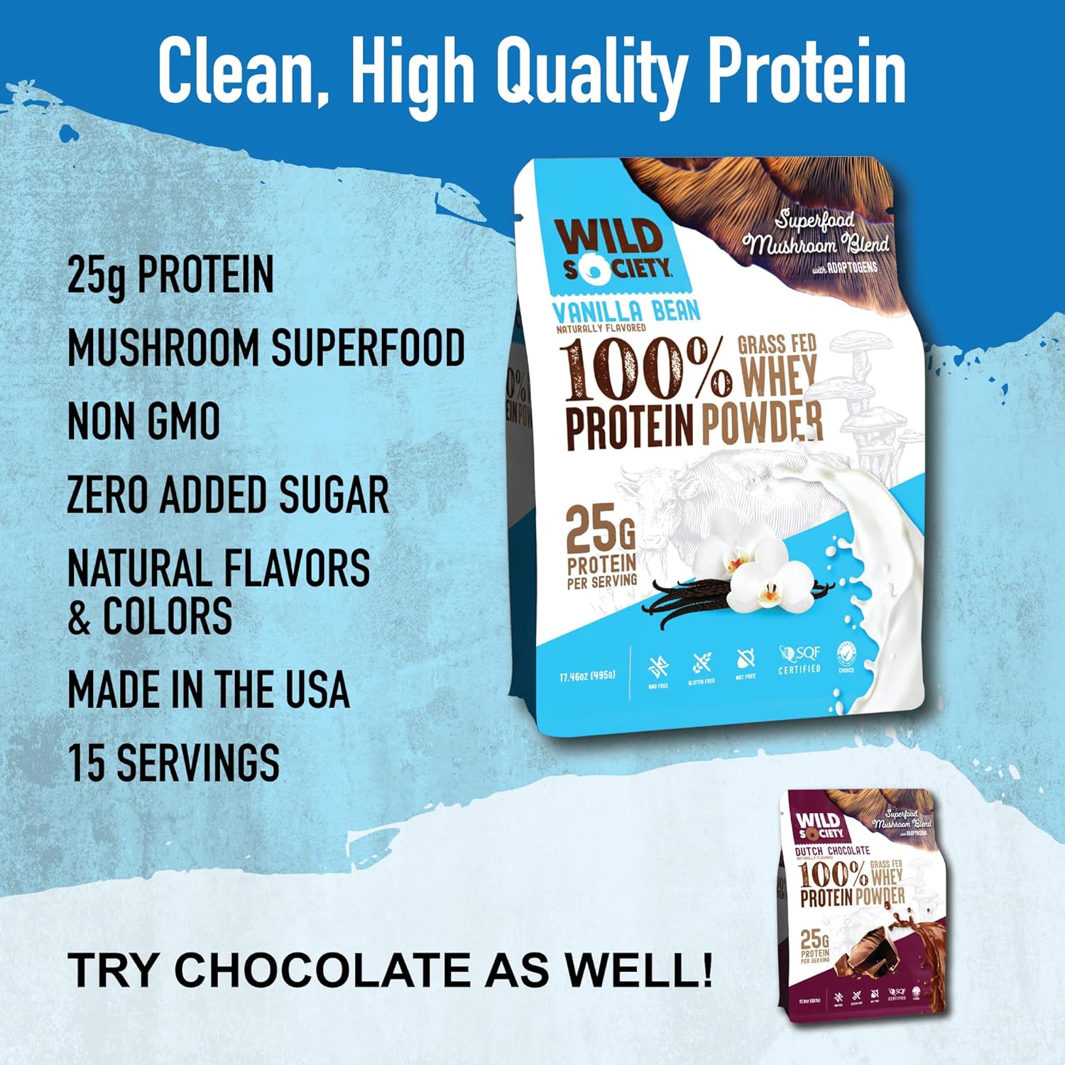 Premium Grass Fed Whey Protein Powder with Superfood Mushrooms & Adaptogens - 25g Protein, Clean & Sugar-Free - Vanilla Bean Flavor