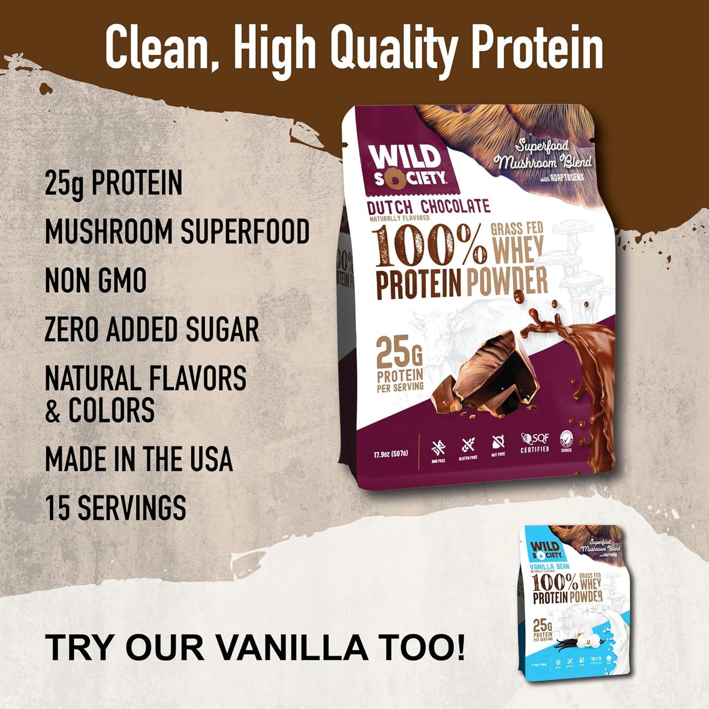 Premium Grass Fed Whey Protein Powder with Superfood Mushrooms & Adaptogens - 25g Protein, Clean & Sugar-Free - Dutch Chocolate - 17.9 oz