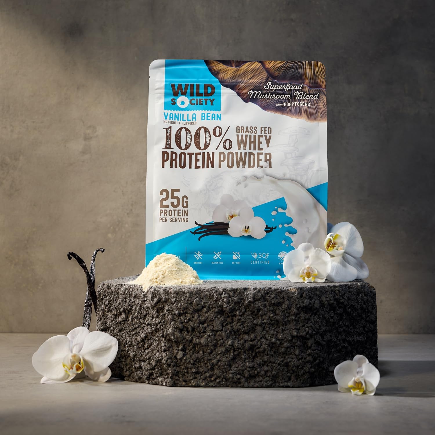 Premium Grass Fed Whey Protein Powder with Superfood Mushrooms & Adaptogens - 25g Protein, Clean & Sugar-Free - Vanilla Bean Flavor