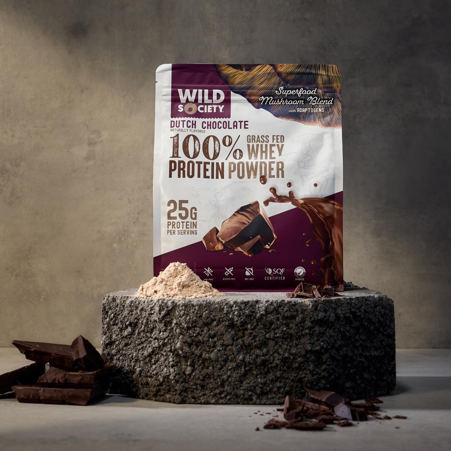 Premium Grass Fed Whey Protein Powder with Superfood Mushrooms & Adaptogens - 25g Protein, Clean & Sugar-Free - Dutch Chocolate - 17.9 oz