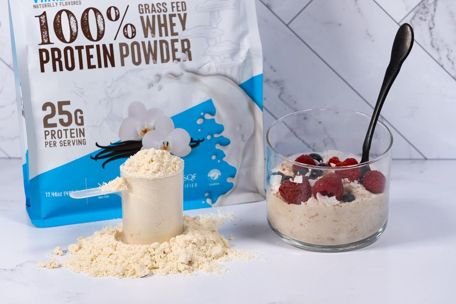 Premium Grass Fed Whey Protein Powder with Superfood Mushrooms & Adaptogens - 25g Protein, Clean & Sugar-Free - Vanilla Bean Flavor