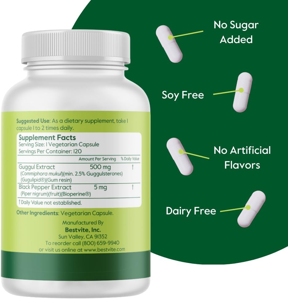Premium Guggul Extract 500mg Capsules - Clinically Proven, Patented & Standardized Formula with Bioperine - Vegan, Non-GMO, Gluten-Free - 120 Vegetarian Capsules