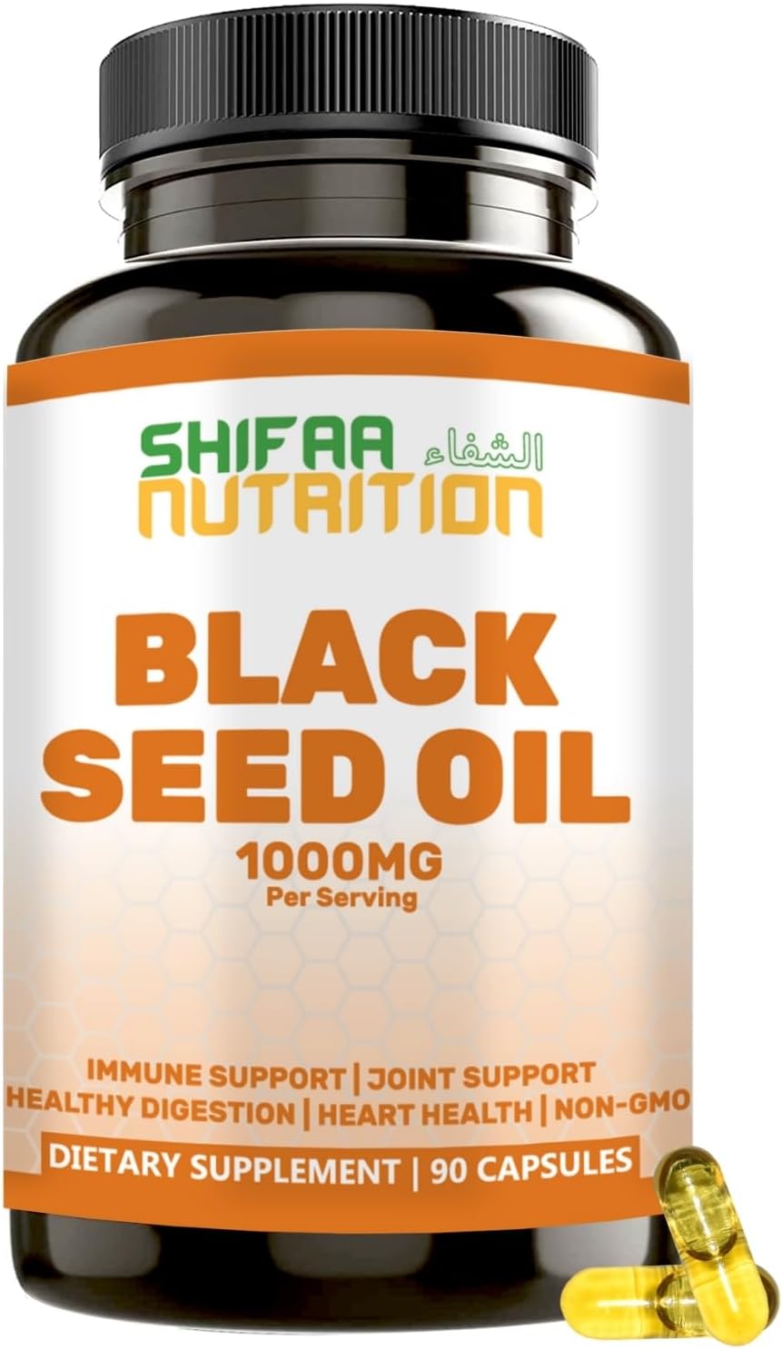 Premium Halal Black Seed Oil Capsules | 1000mg 45 Servings | Nigella Sativa, Kalonji | Supports Hair, Skin, Joints, Immune System, Heart Health, Digestion | Shifaa Nutrition