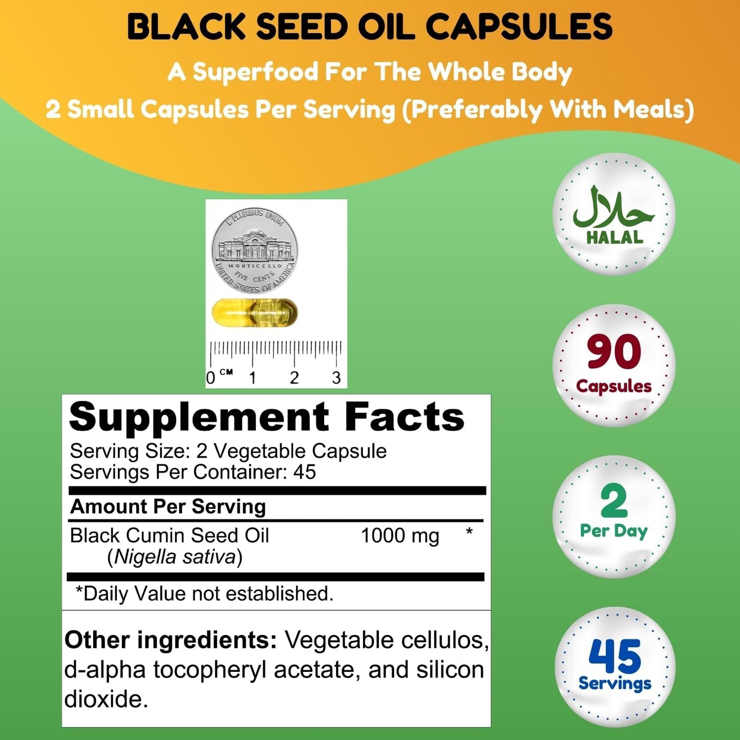 Premium Halal Black Seed Oil Capsules | 1000mg 45 Servings | Nigella Sativa, Kalonji | Supports Hair, Skin, Joints, Immune System, Heart Health, Digestion | Shifaa Nutrition