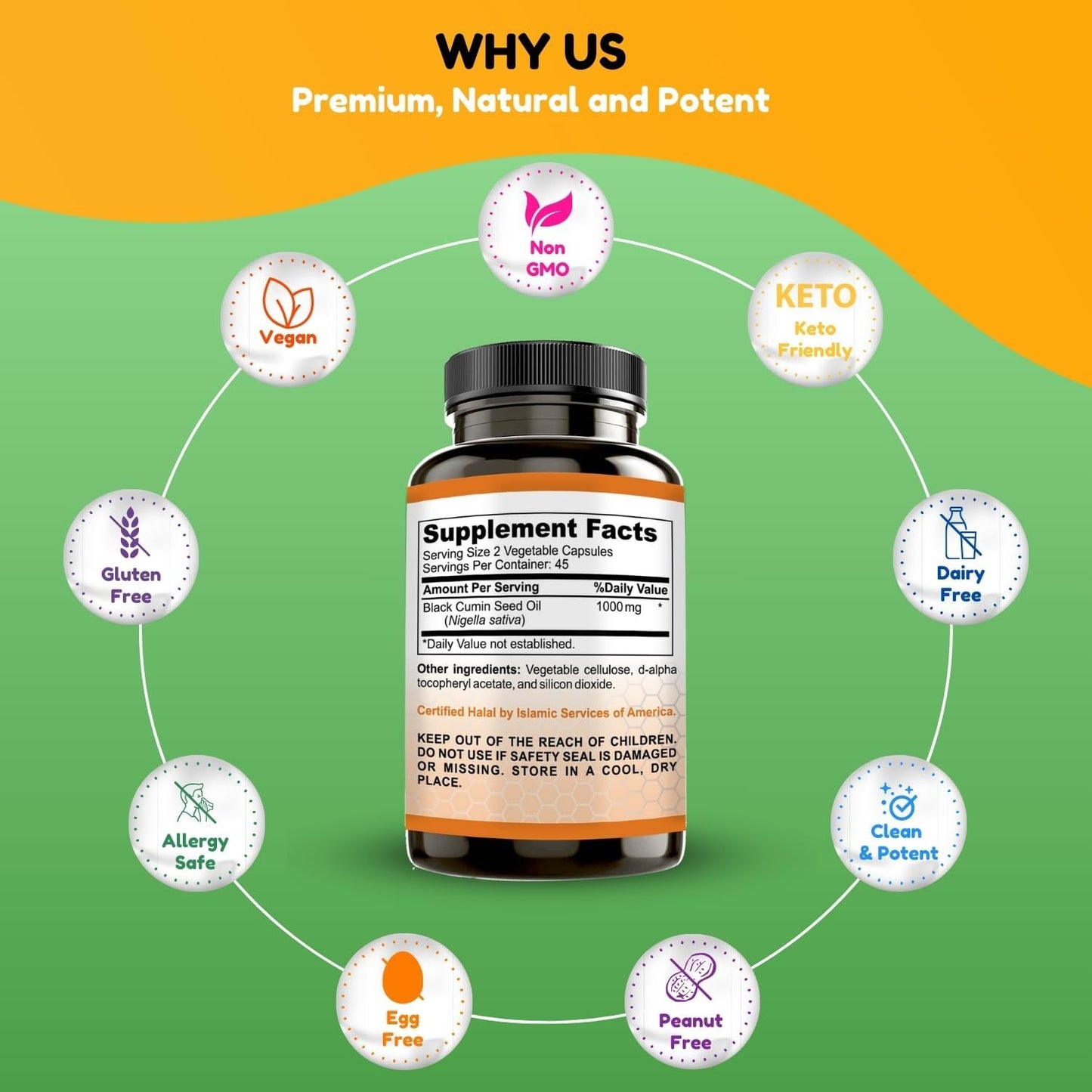 Premium Halal Black Seed Oil Capsules | 1000mg 45 Servings | Nigella Sativa, Kalonji | Supports Hair, Skin, Joints, Immune System, Heart Health, Digestion | Shifaa Nutrition