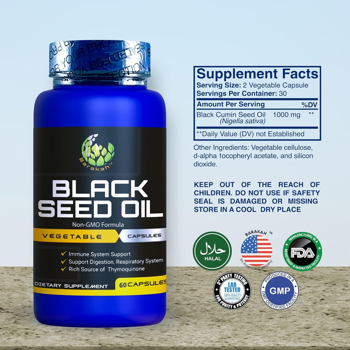 Premium Halal Non-GMO Black Seed Oil Capsules - 60 Count, 1000mg Per Serving, Cold-Pressed Vegan Supplement