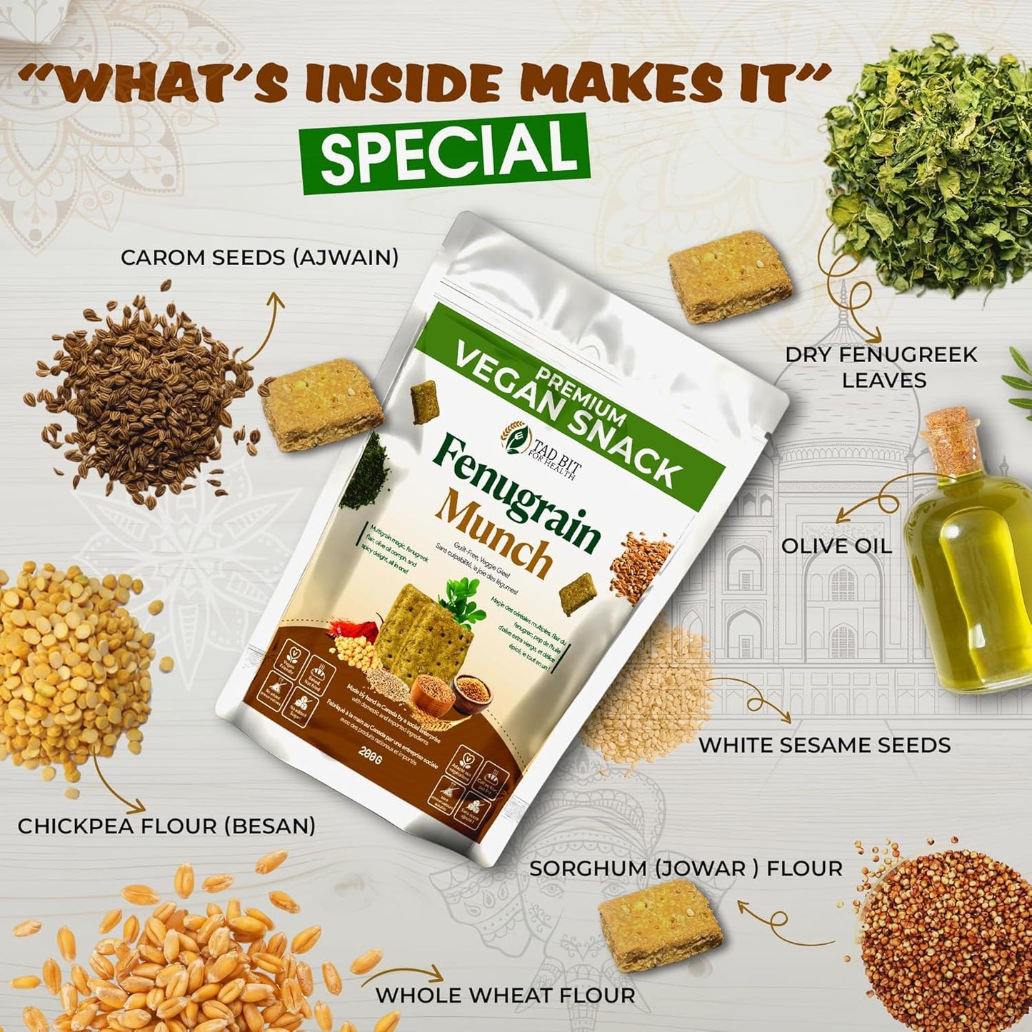 Premium Handmade Indian Fenugrain Munch Crackers - Salty Vegan Snacks, Dairy-Free, Low Calorie (3 Pack, 600g)