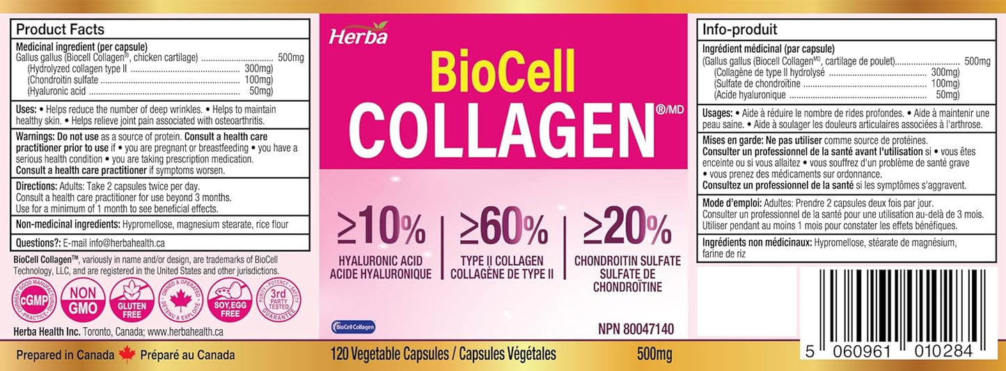 Premium Herba BioCell Collagen Capsules 500mg - 120 Veg Caps | Type II Collagen, Hyaluronic Acid, Chondroitin | Anti-Aging & Joint Support