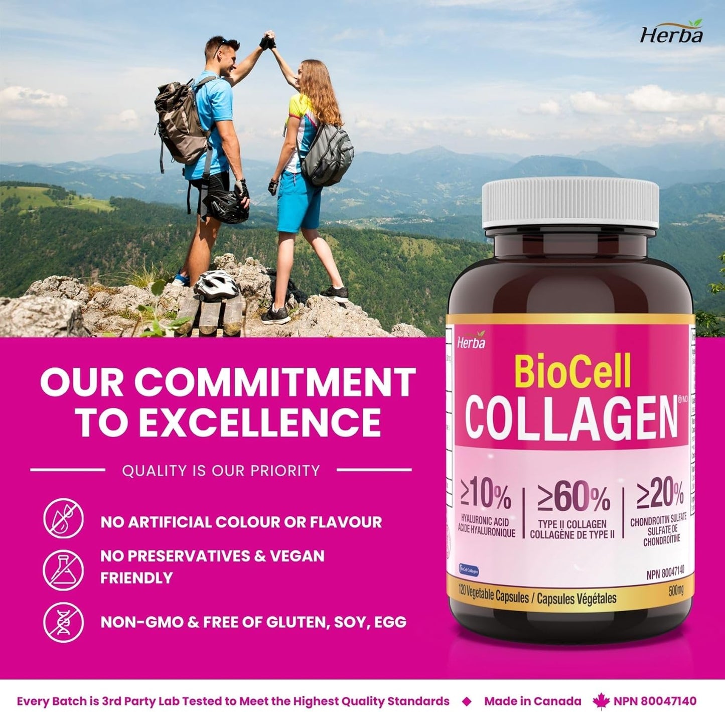 Premium Herba BioCell Collagen Capsules 500mg - 120 Veg Caps | Type II Collagen, Hyaluronic Acid, Chondroitin | Anti-Aging & Joint Support