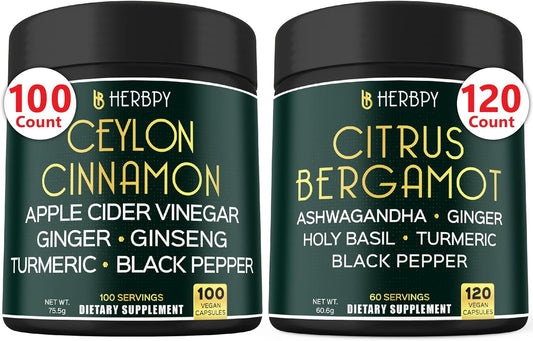 Premium Herbpy Bundle: 6-in-1 Ceylon Cinnamon & Citrus Bergamot Supplements for Restful Night, Immune Support, Heart Health, Digestion, and Body Balance