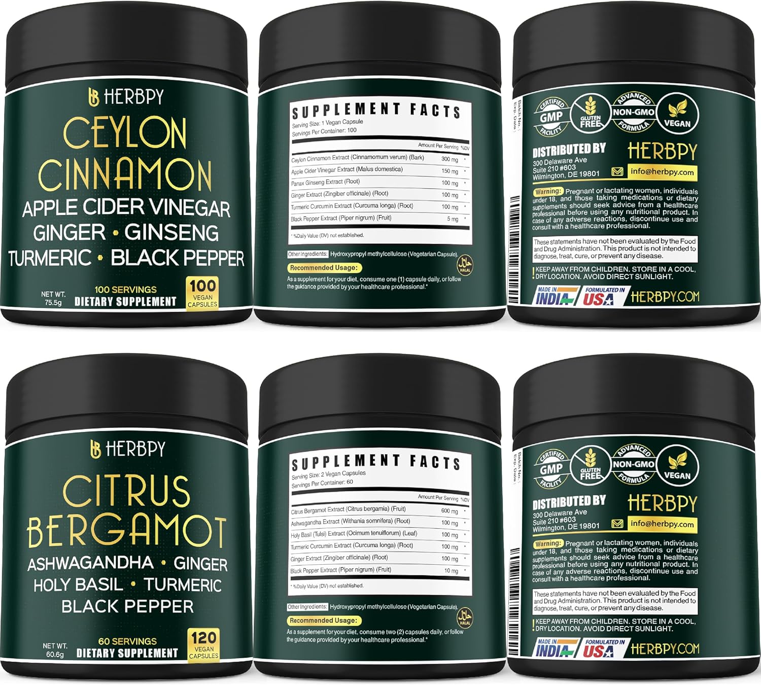 Premium Herbpy Bundle: 6-in-1 Ceylon Cinnamon & Citrus Bergamot Supplements for Restful Night, Immune Support, Heart Health, Digestion, and Body Balance