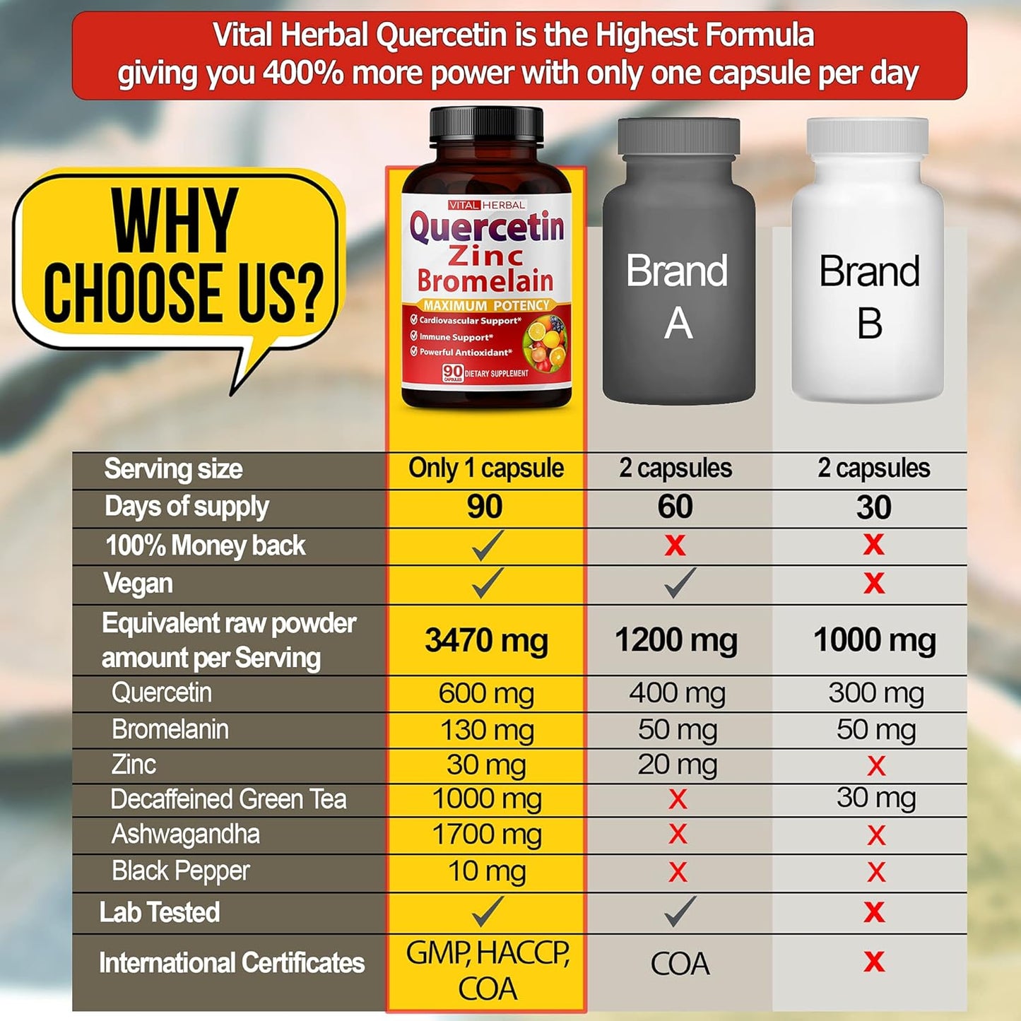 Premium High Purity Quercetin 98% with Bromelain Capsules - Maximum Potency with Green Tea Ashwagandha - 90 Days Supply