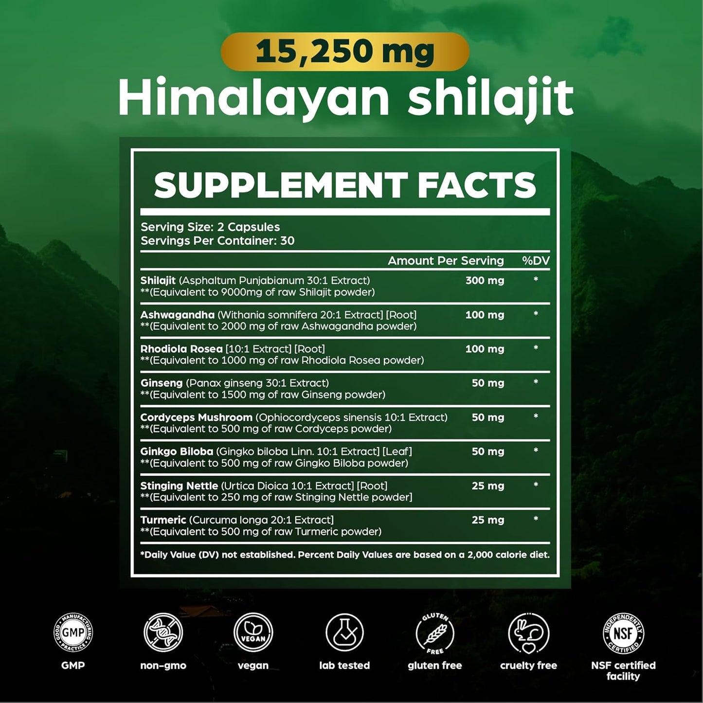 Premium Himalayan Shilajit Capsules with Ashwagandha, Cordyceps Mushroom, Turmeric, Ginseng, Gingko Biloba, Stinging Nettle - 15,250mg - 60 Vegetarian Capsules - Men and Women Formula