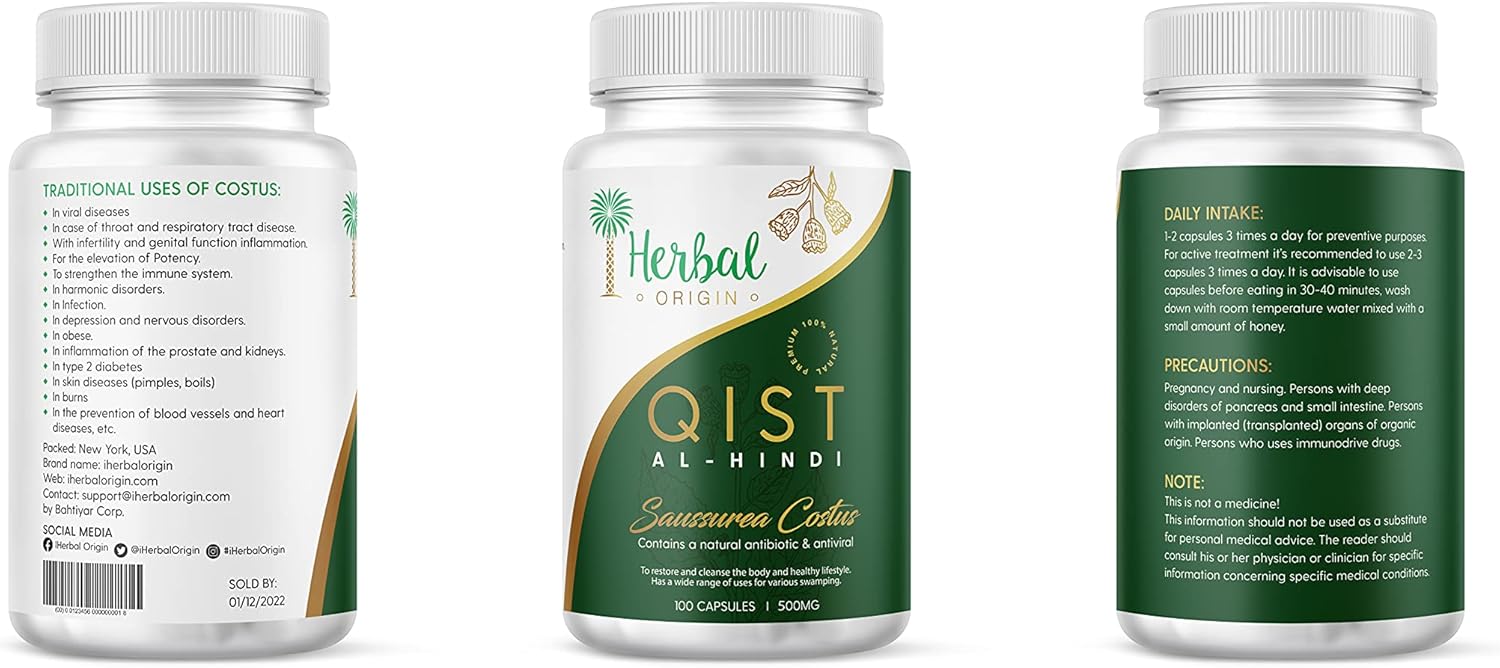 Premium iHerbal Origin Qist Al-Hindi (Saussurea Costus) Supplement - 100 Vegan Capsules | Natural Pure Costus Root