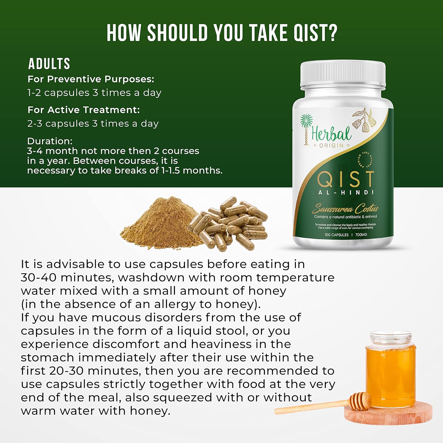 Premium iHerbal Origin Qist Al-Hindi (Saussurea Costus) Supplement - 100 Vegan Capsules | Natural Pure Costus Root