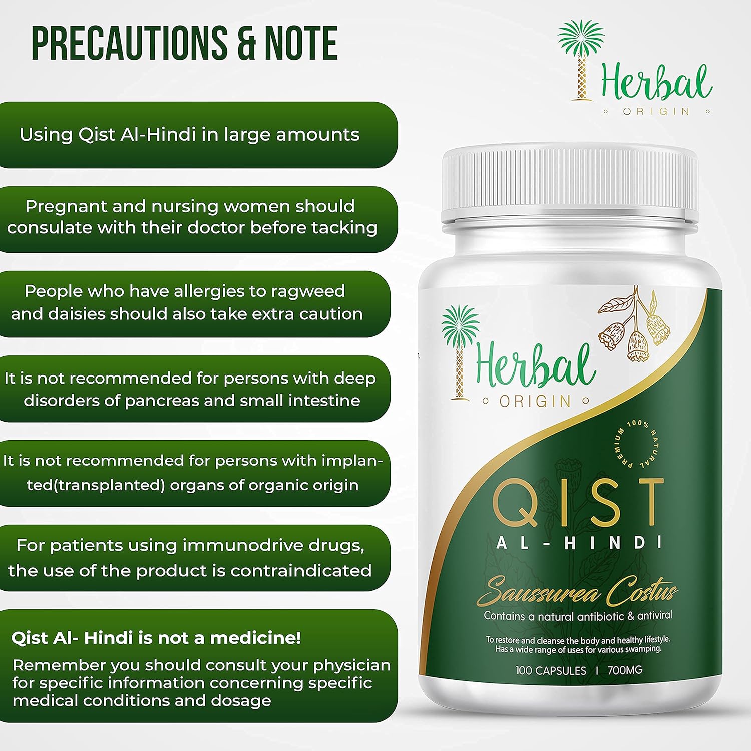 Premium iHerbal Origin Qist Al-Hindi (Saussurea Costus) Supplement - 100 Vegan Capsules | Natural Pure Costus Root