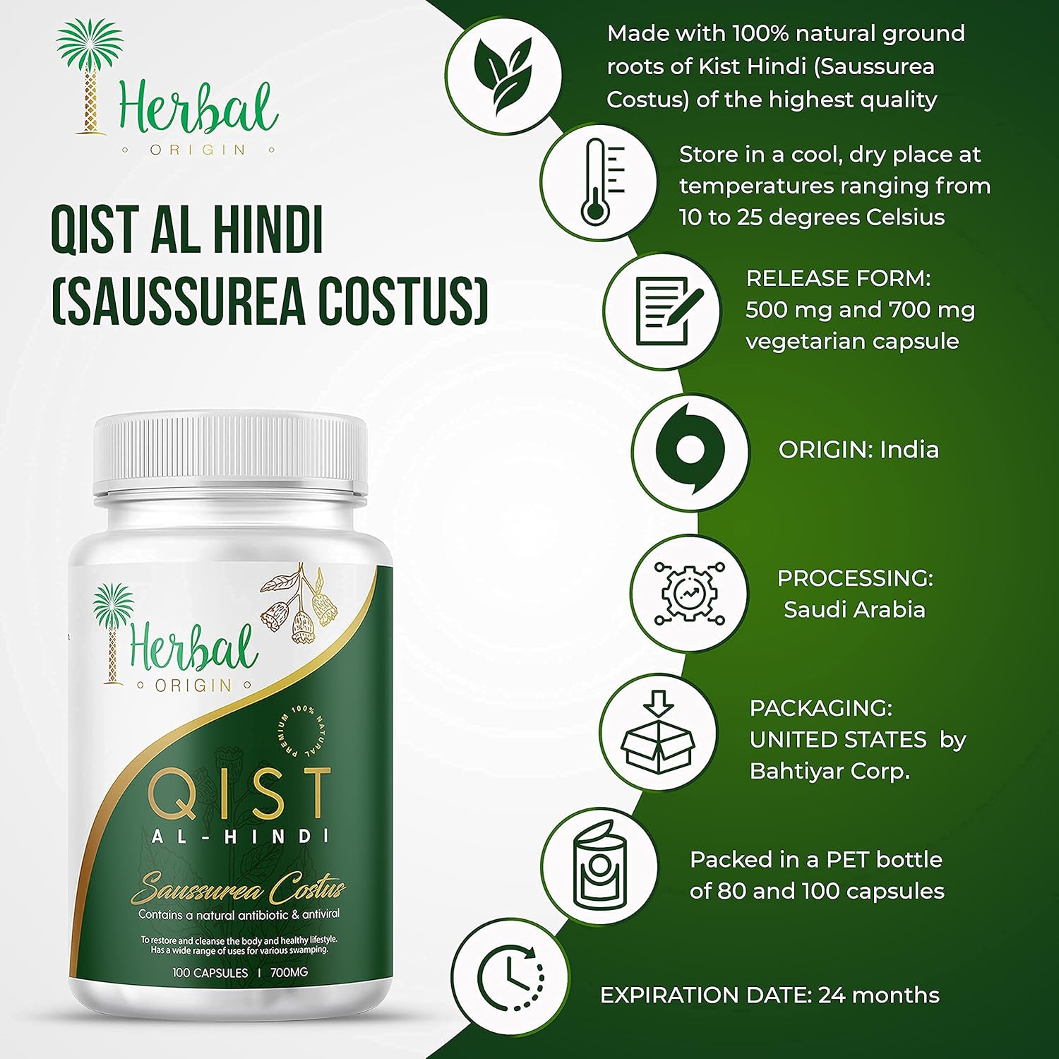 Premium iHerbal Origin Qist Al-Hindi (Saussurea Costus) Supplement - 100 Vegan Capsules | Natural Pure Costus Root