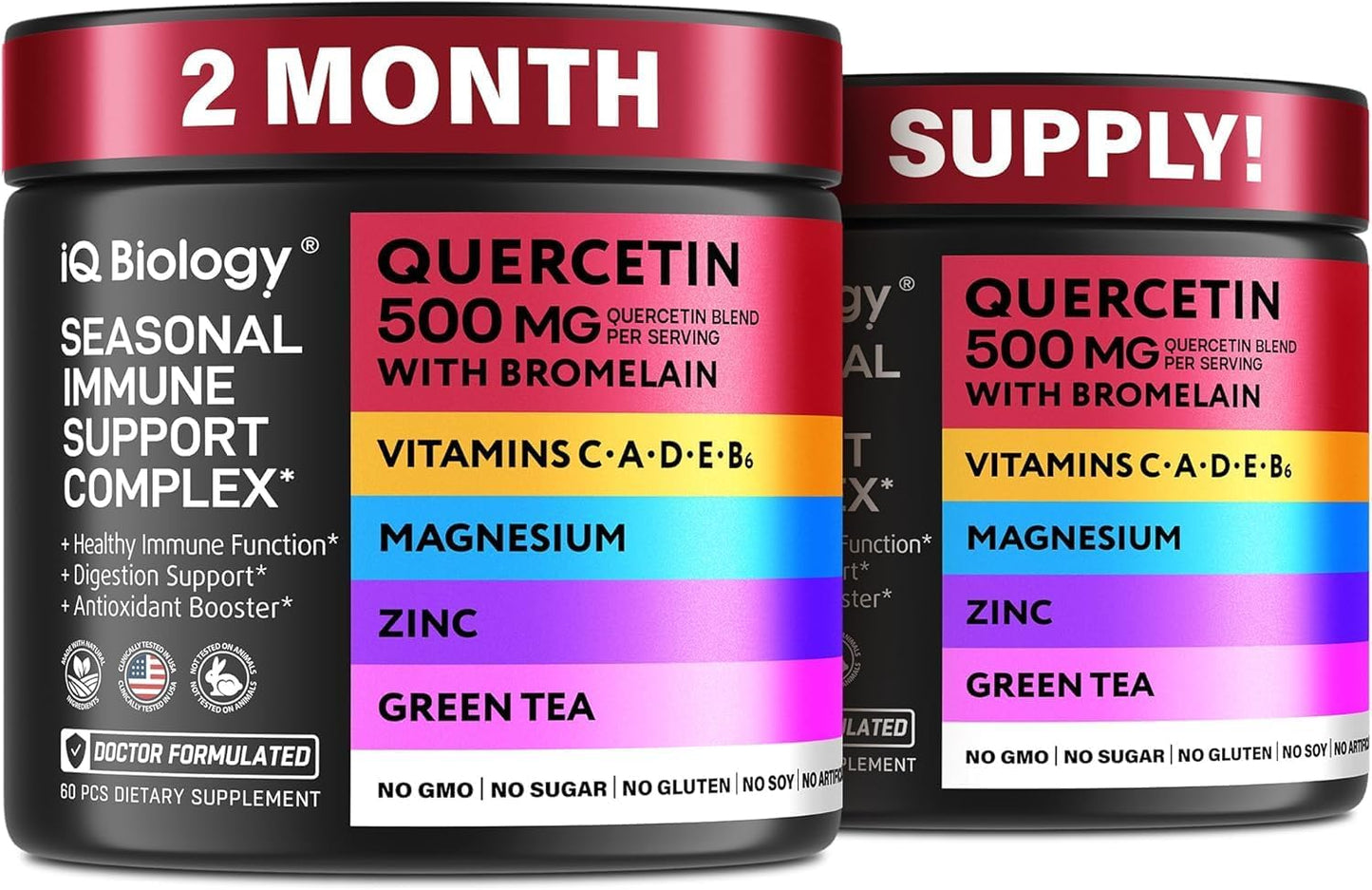 Premium IQ BIOLOGY Quercetin with Bromelain Capsules for Immune Support - Non GMO Supplement - 2 Pack (120 Capsules)