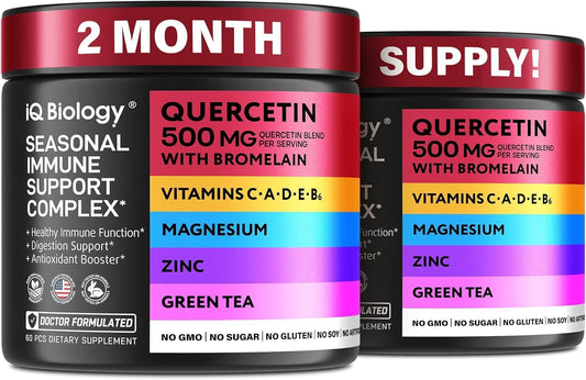 Premium IQ BIOLOGY Quercetin with Bromelain Capsules for Immune Support - Non GMO Supplement - 2 Pack (120 Capsules)