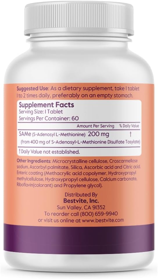Premium Italian BESTVITE SAM-e 200mg Tablets - 120 Count (60 x 2)