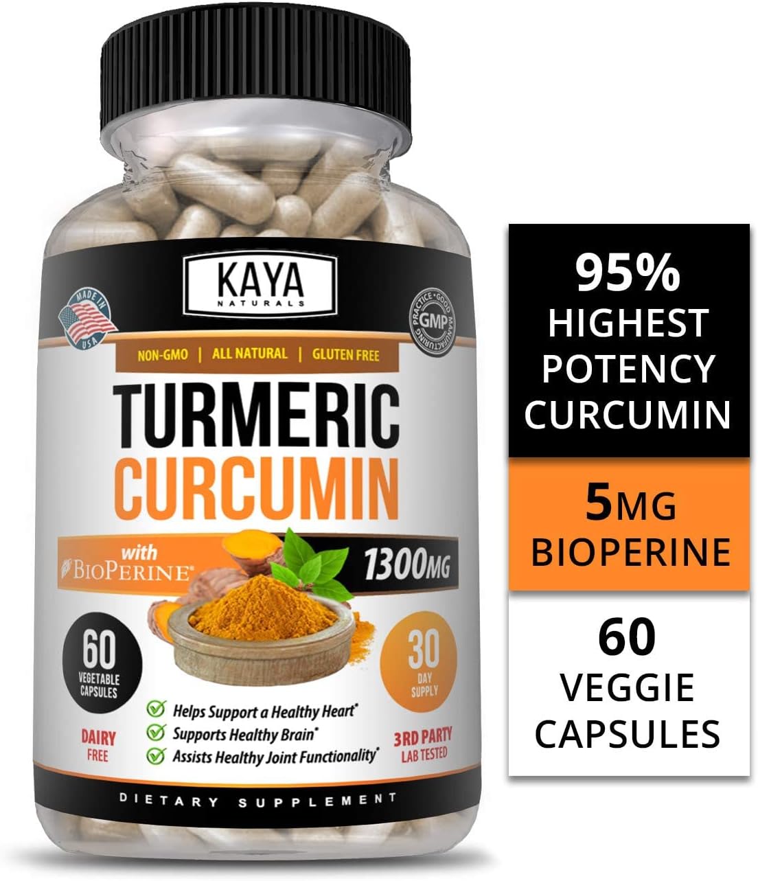 Premium Joint Support Capsules with 95% Standardized Curcuminoids - 60 Count, Turmeric Platinum with Bioperine by Kaya Naturals