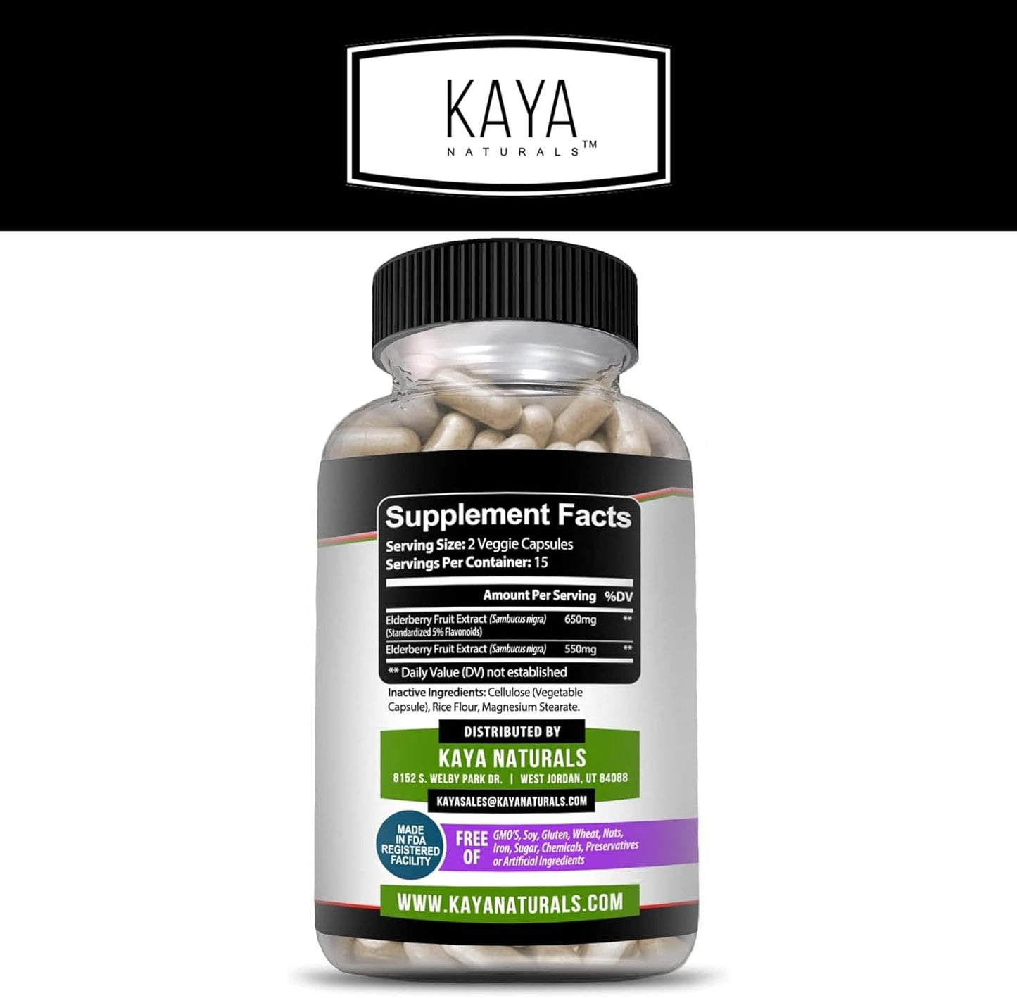 Premium Kaya Naturals Elderberry Extract Capsules - 1200mg Immune Support with Antioxidants - 30 Count