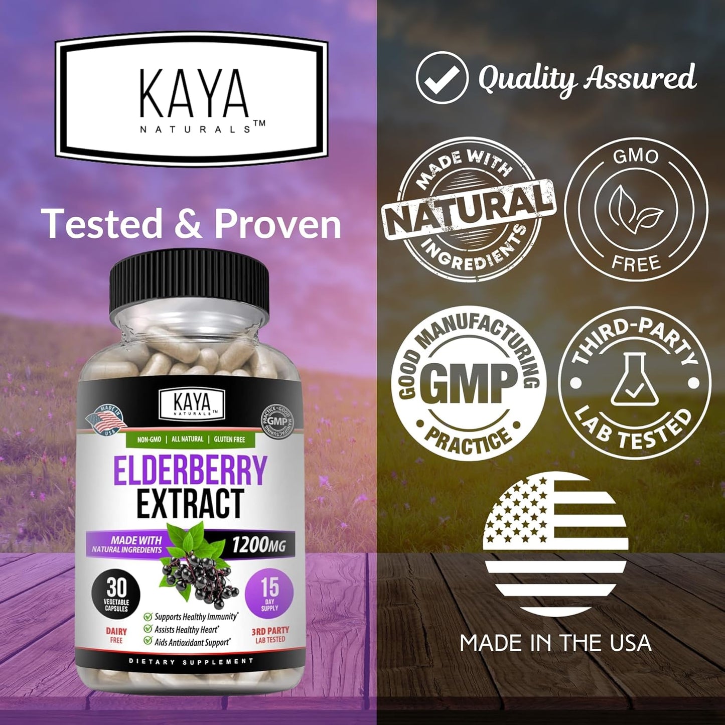 Premium Kaya Naturals Elderberry Extract Capsules - 1200mg Immune Support with Antioxidants - 30 Count
