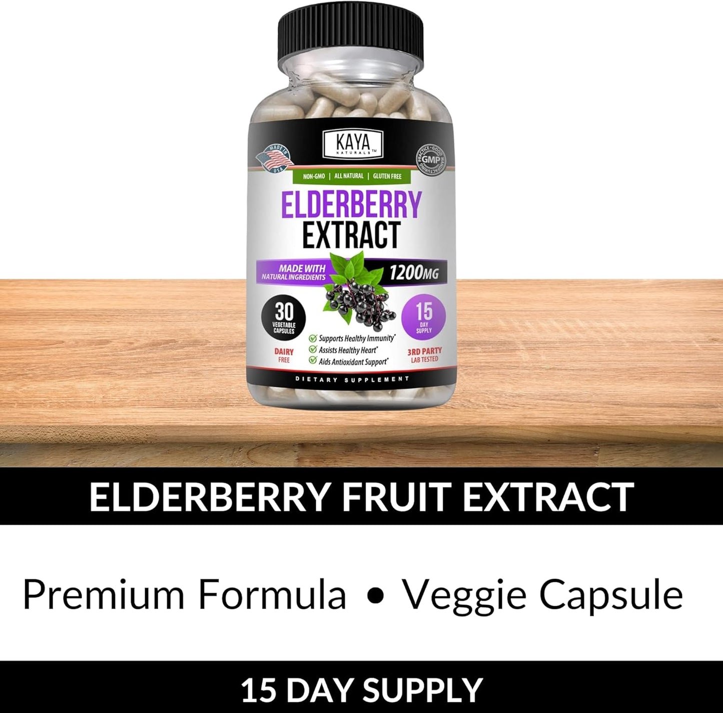 Premium Kaya Naturals Elderberry Extract Capsules - 1200mg Immune Support with Antioxidants - 30 Count