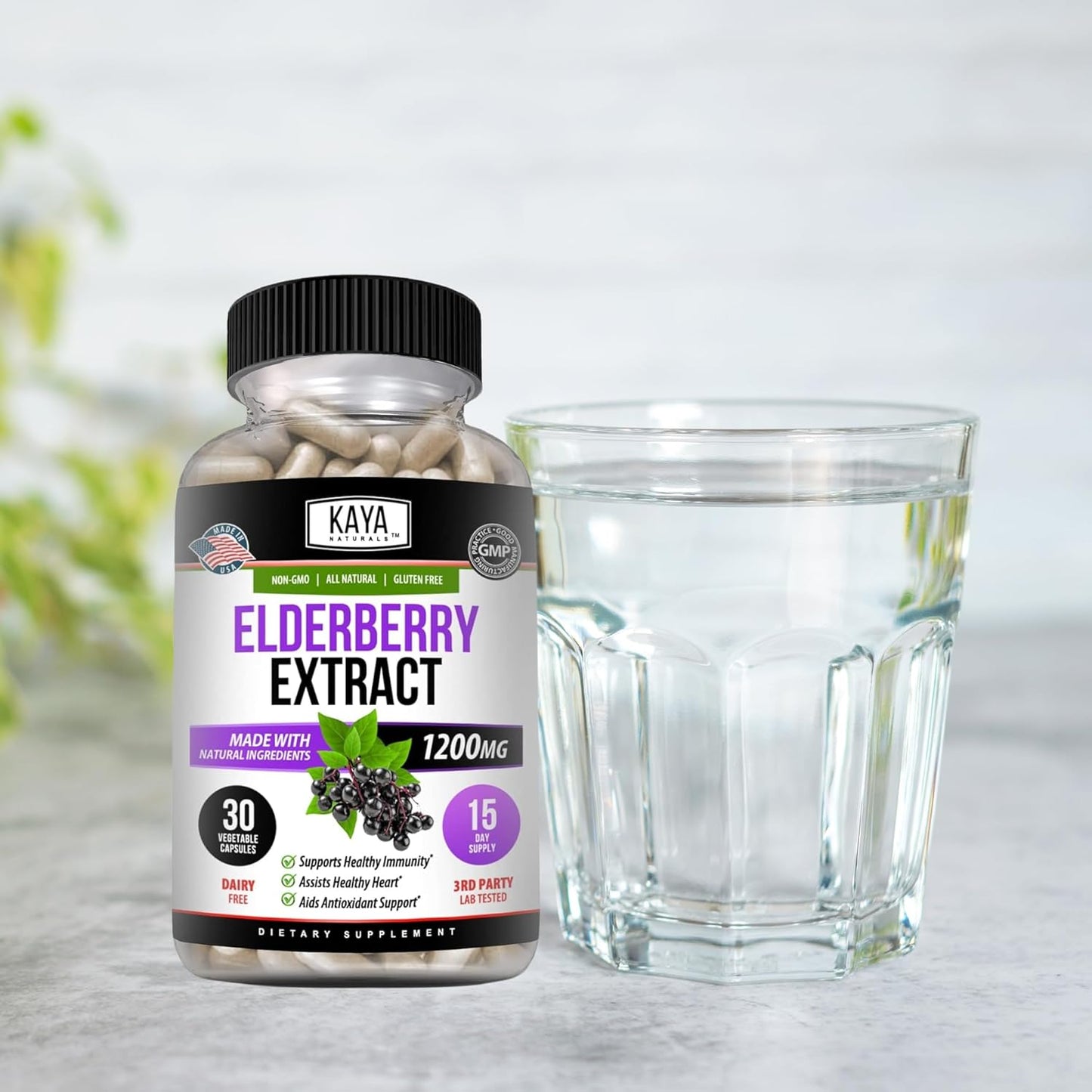 Premium Kaya Naturals Elderberry Extract Capsules - 1200mg Immune Support with Antioxidants - 30 Count