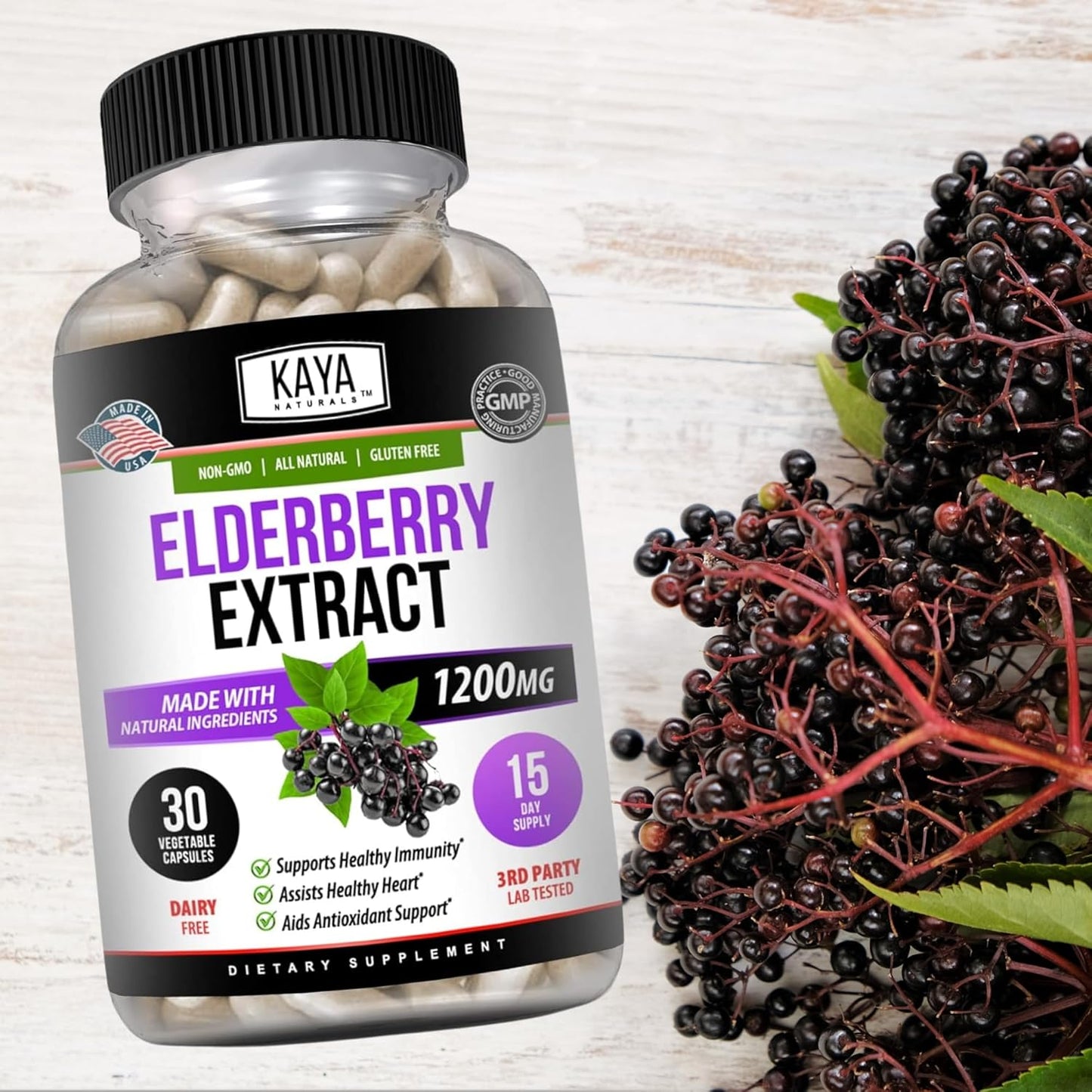 Premium Kaya Naturals Elderberry Extract Capsules - 1200mg Immune Support with Antioxidants - 30 Count