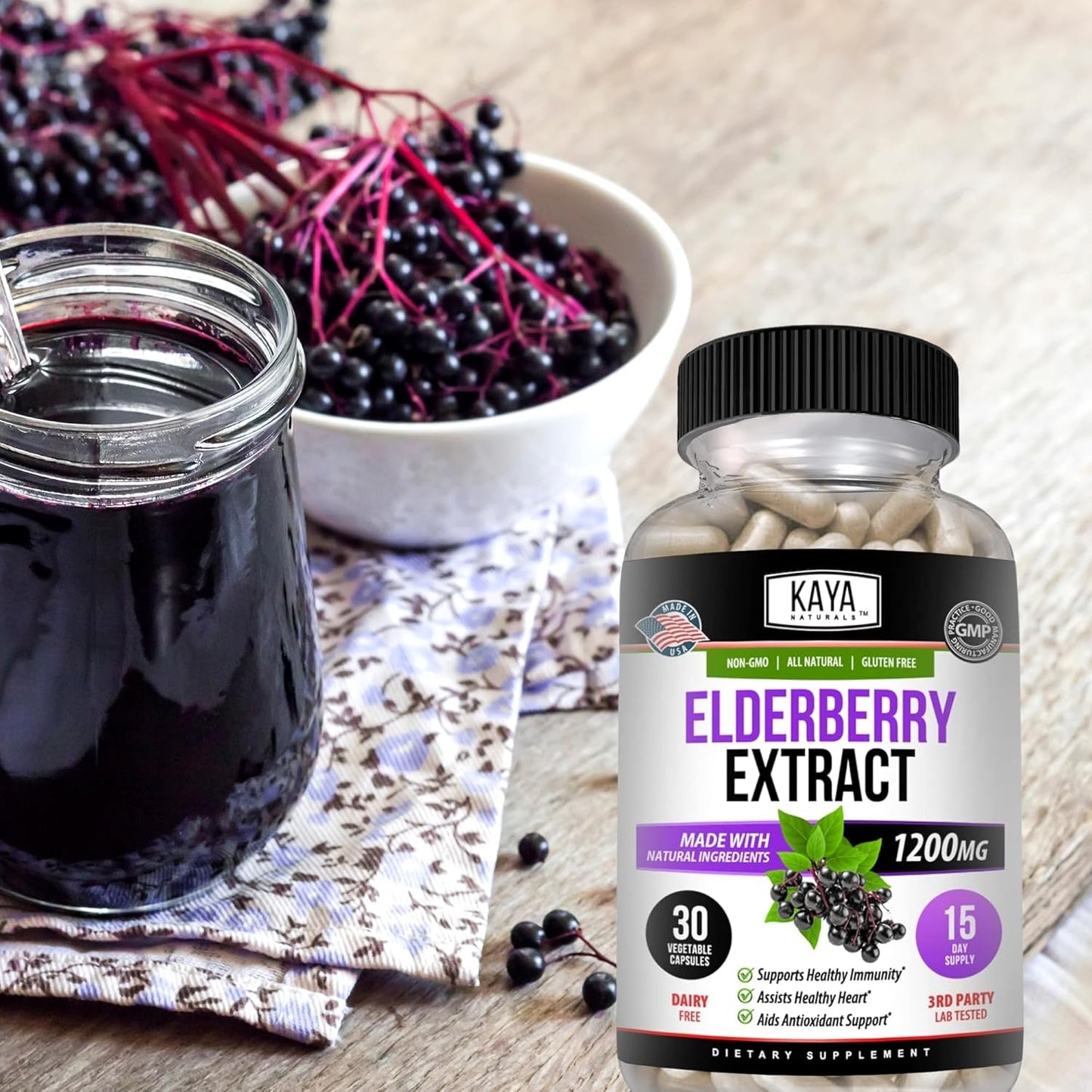 Premium Kaya Naturals Elderberry Extract Capsules - 1200mg Immune Support with Antioxidants - 30 Count