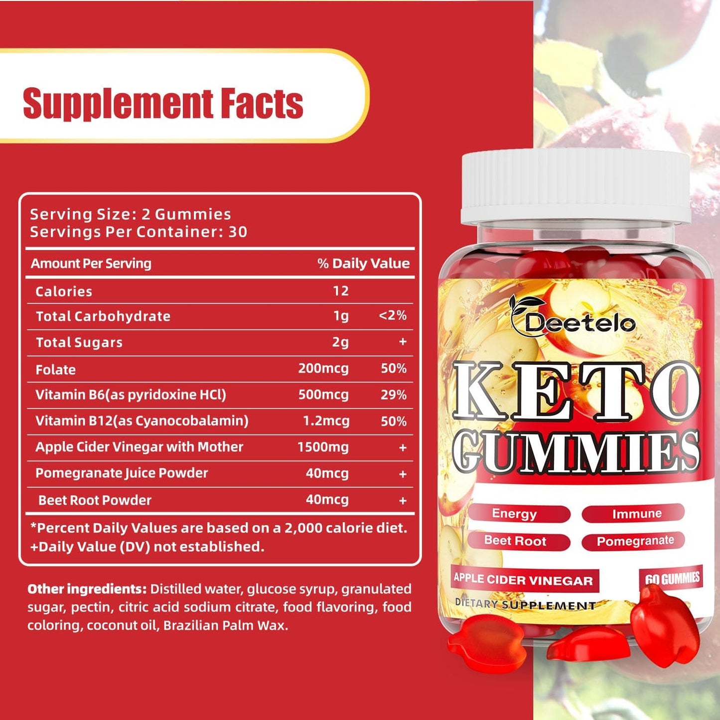 Premium Keto Apple Cider Vinegar Gummies - 1500MG with B12 & B6 Vitamins - Boost Energy & Wellness - On-The-Go Convenience - 60 Count