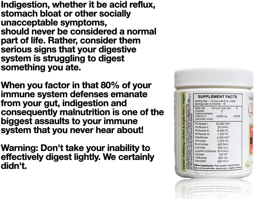 Premium Kiwi-Strawberry Digestive-Ade Drink Mix with Vegan Enzymes & Gut-Healing Vitamin C - Acid Indigestion Relief & Stomach Bloat Solution