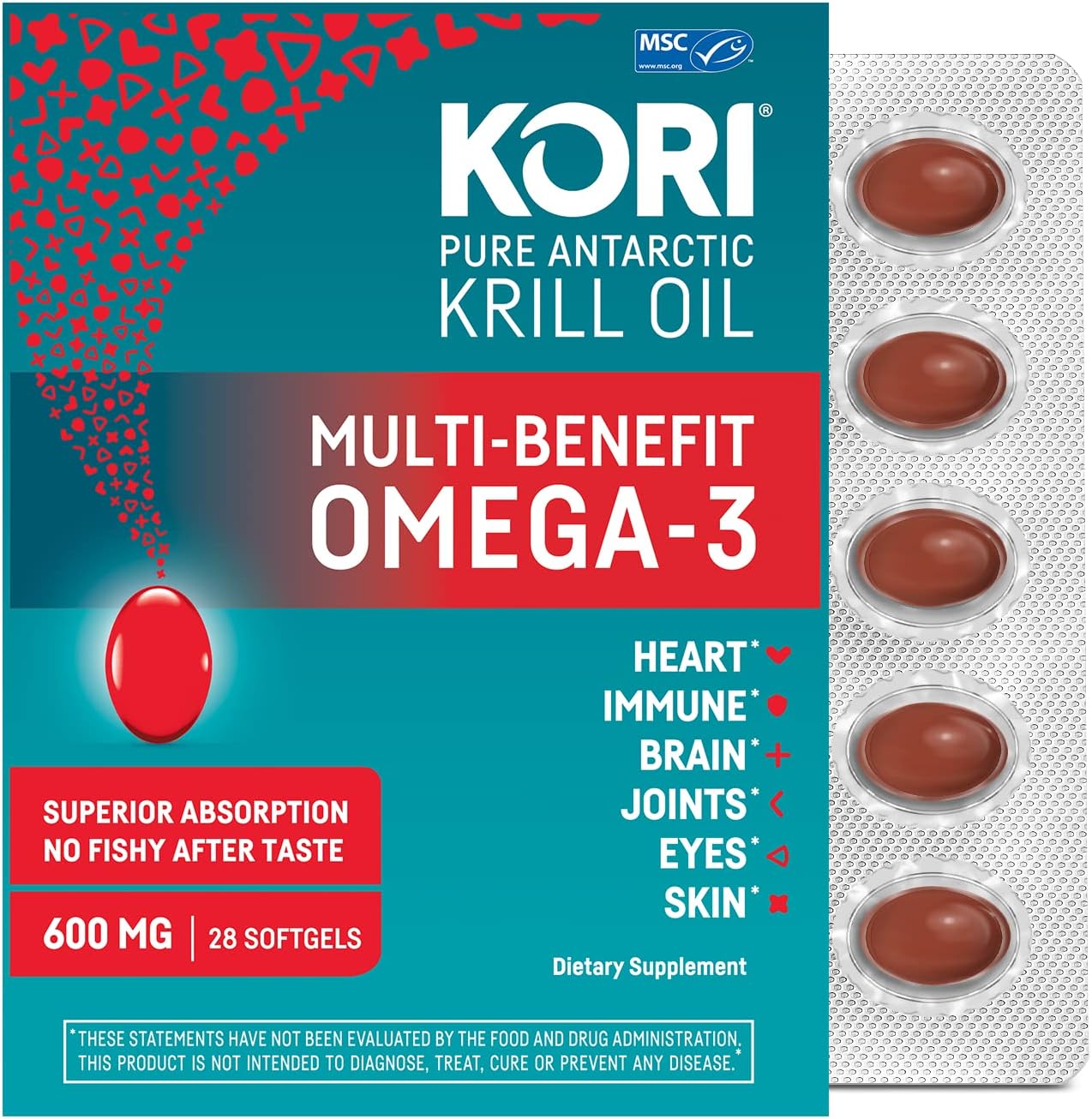 Premium Kori Krill Oil Softgels 600mg - Enhanced Omega-3 Absorption, 28 Count - Fish Oil Alternative with Multi-Benefits