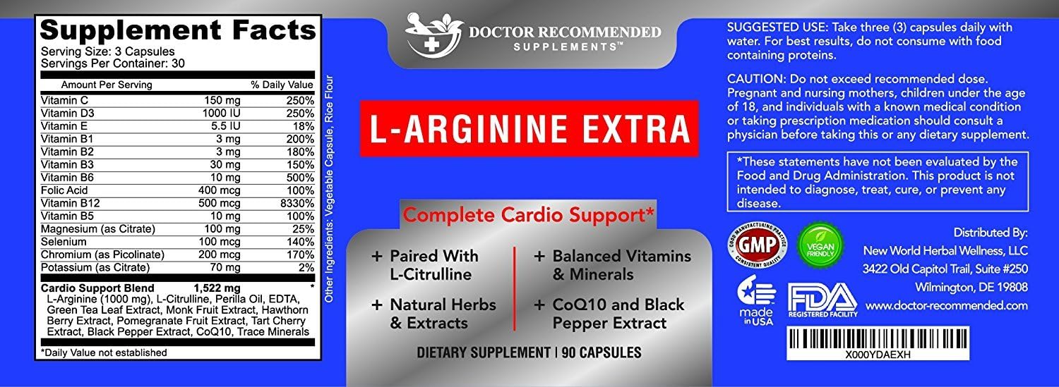 Premium L-Arginine 1000 MG Nitric Oxide Formula - Doctor Recommended Supplement for Cardio Health, Stamina - 2 Pack
