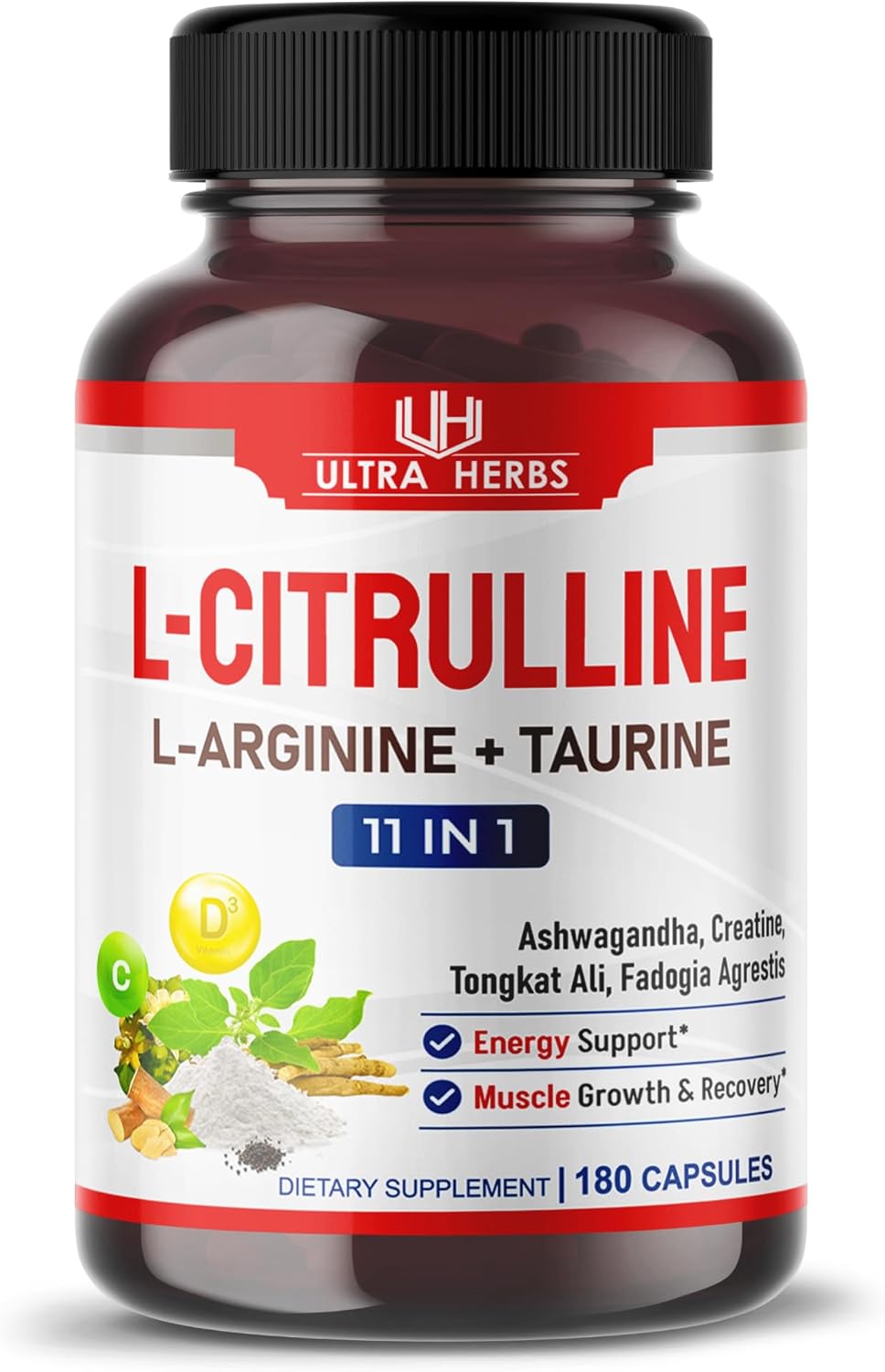 Premium L-Citrulline Supplement Capsules with L-Arginine, Taurine, Creatine, Tongkat Ali, Fadogia Agrestis | Nitric Oxide Booster for Enhanced Muscle Endurance, Stamina, and Recovery | 180 Capsules