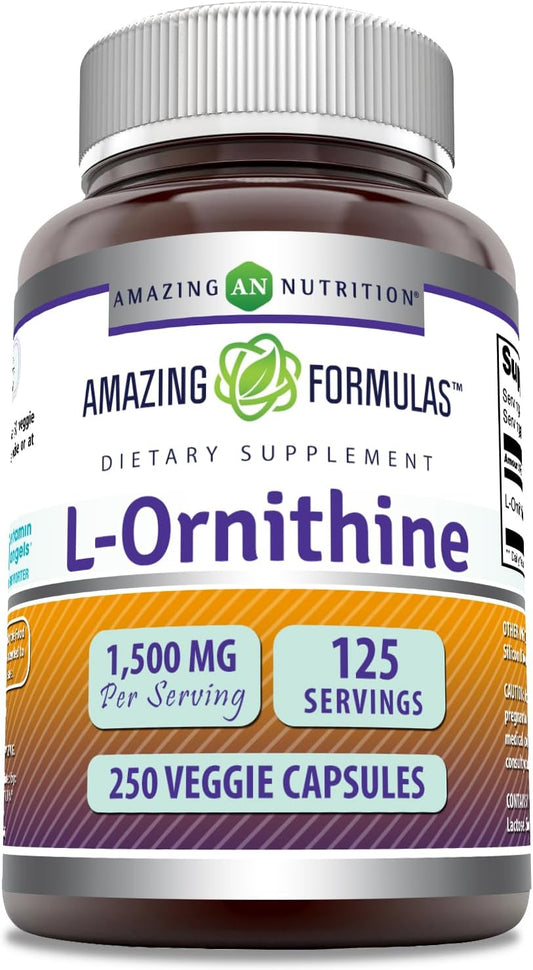 Premium L-Ornithine Supplement - 1500mg Per Serving - 250 Veggie Capsules - Non-GMO - Gluten Free - USA Made