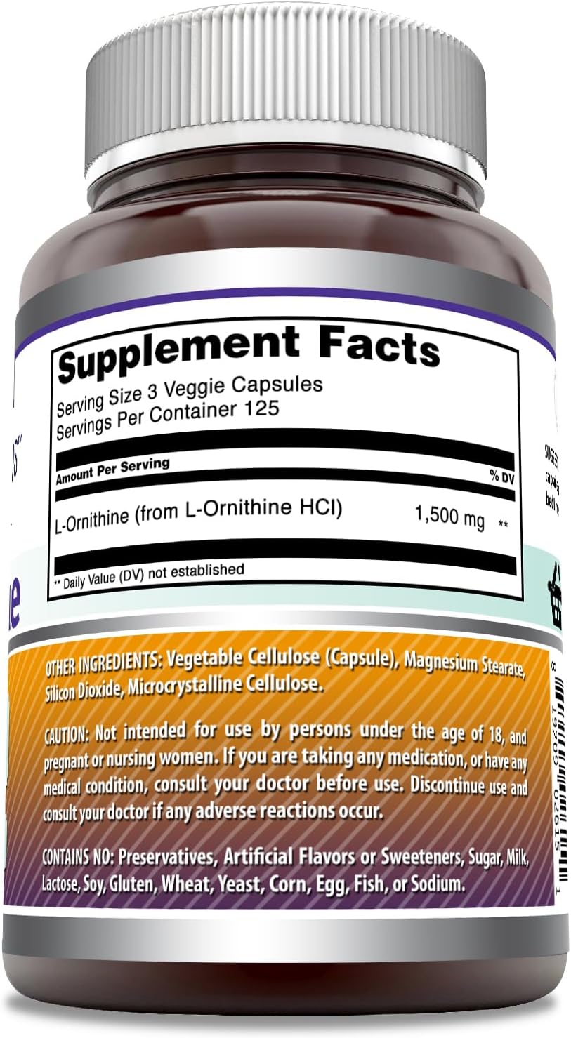 Premium L-Ornithine Supplement - 1500mg Per Serving - 250 Veggie Capsules - Non-GMO - Gluten Free - USA Made