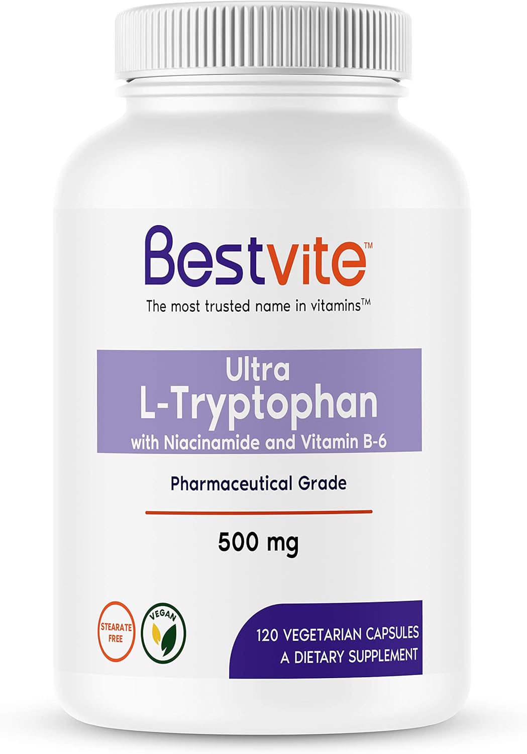 Premium L-Tryptophan 500mg with Vitamin B3 & B6 (120 Capsules) - Vegetarian Formula without Fillers or Stearates