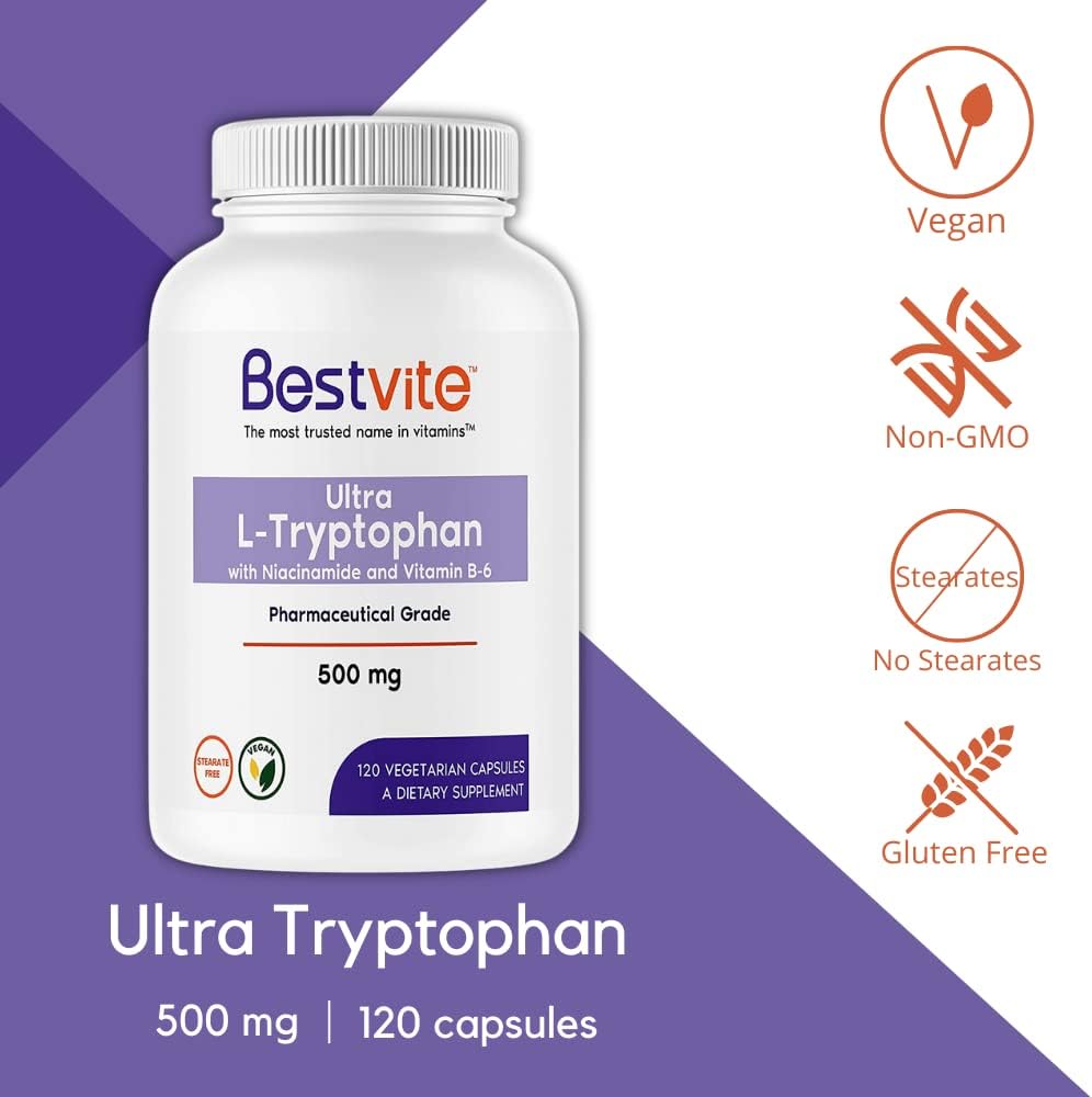 Premium L-Tryptophan 500mg with Vitamin B3 & B6 (120 Capsules) - Vegetarian Formula without Fillers or Stearates