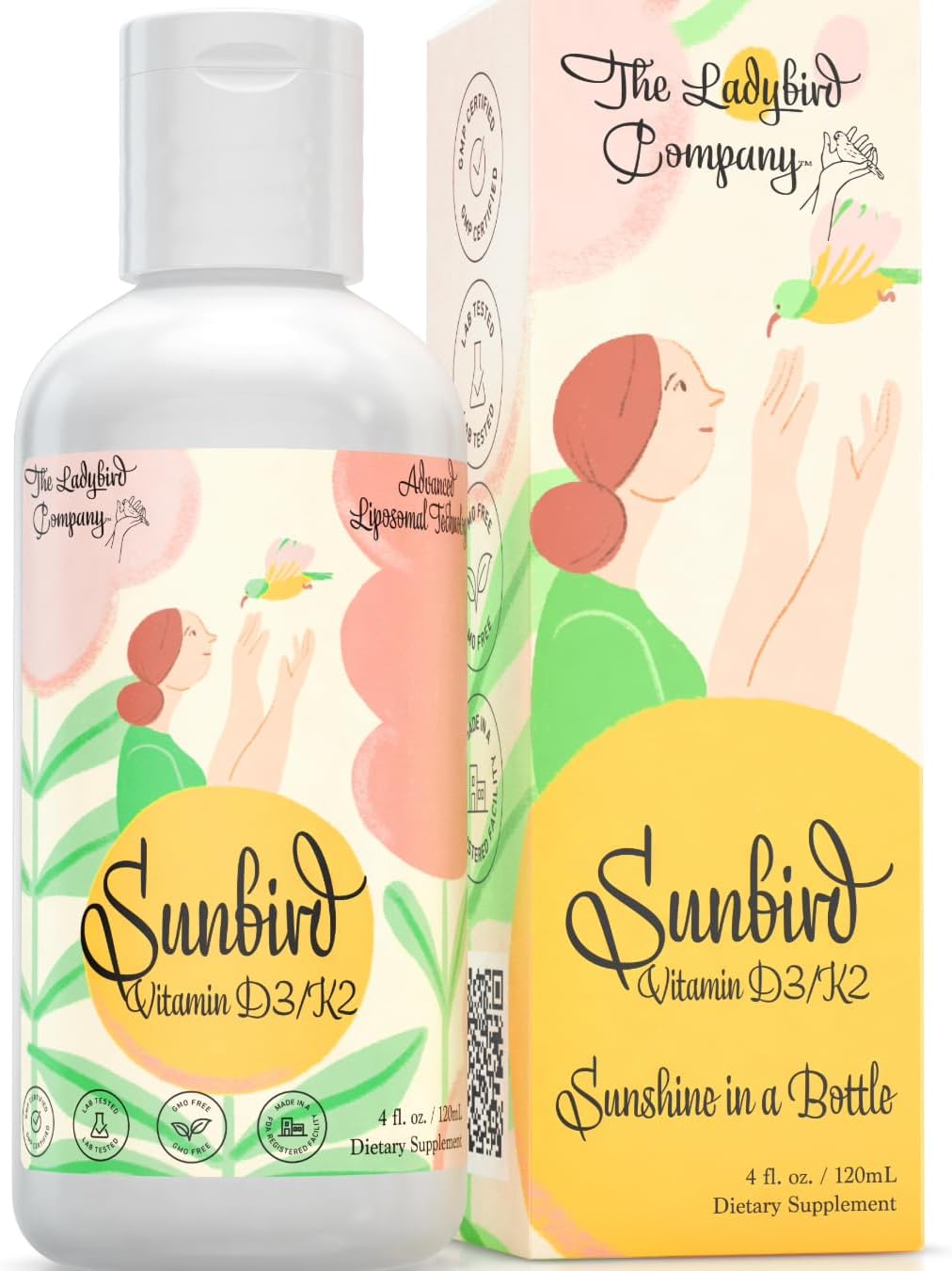 Premium Ladybird Company Sunbird Liposomal Liquid Vitamin D3 & K2 for Women: Menopause, Fertility, Pregnancy & Bone Health - Sugar-Free, Vegetarian, Sublingual Liquid - Made in USA