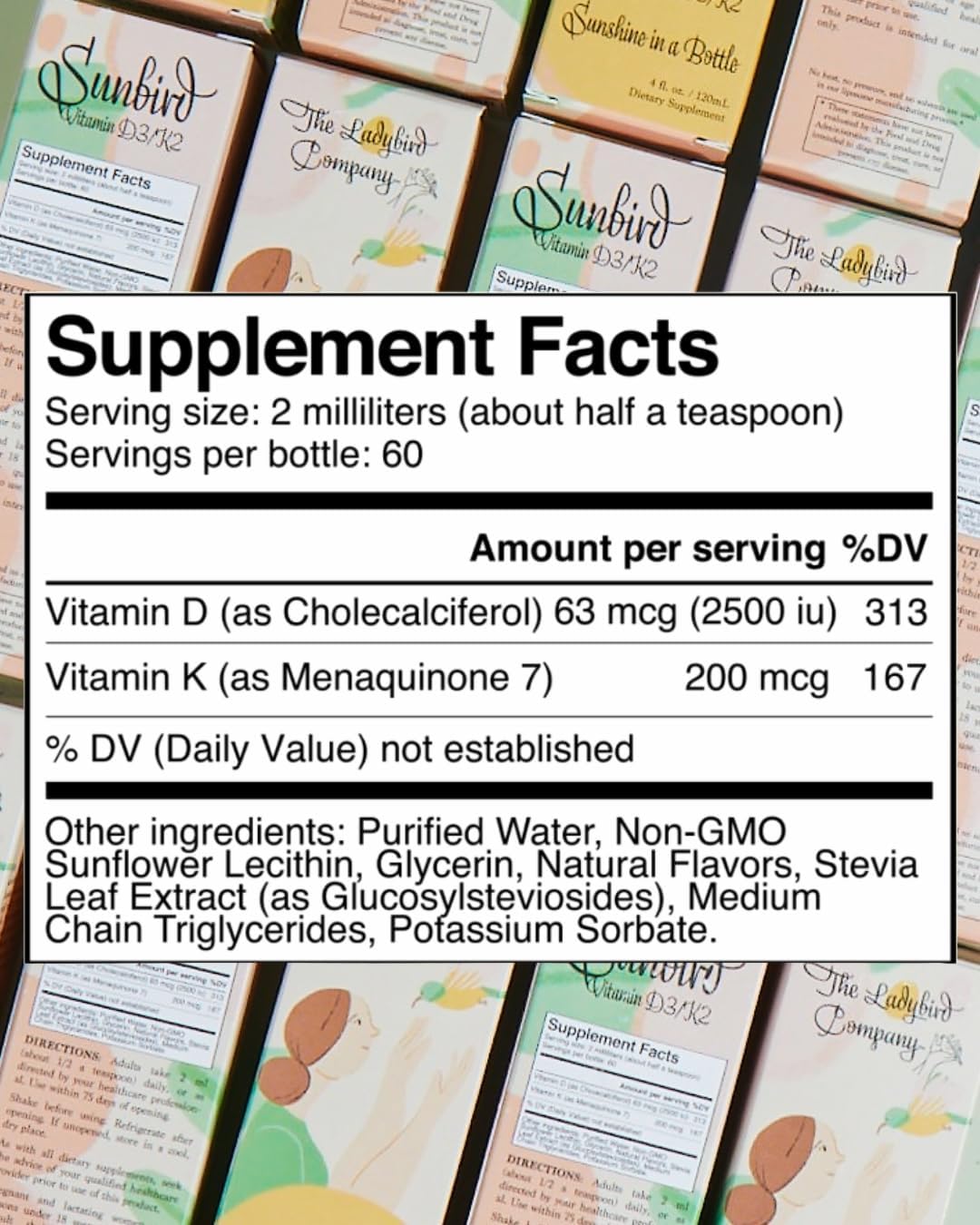 Premium Ladybird Company Sunbird Liposomal Liquid Vitamin D3 & K2 for Women: Menopause, Fertility, Pregnancy & Bone Health - Sugar-Free, Vegetarian, Sublingual Liquid - Made in USA