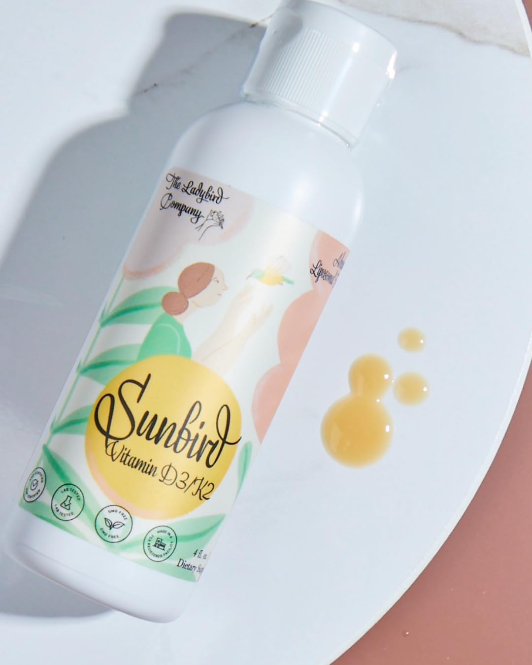Premium Ladybird Company Sunbird Liposomal Liquid Vitamin D3 & K2 for Women: Menopause, Fertility, Pregnancy & Bone Health - Sugar-Free, Vegetarian, Sublingual Liquid - Made in USA